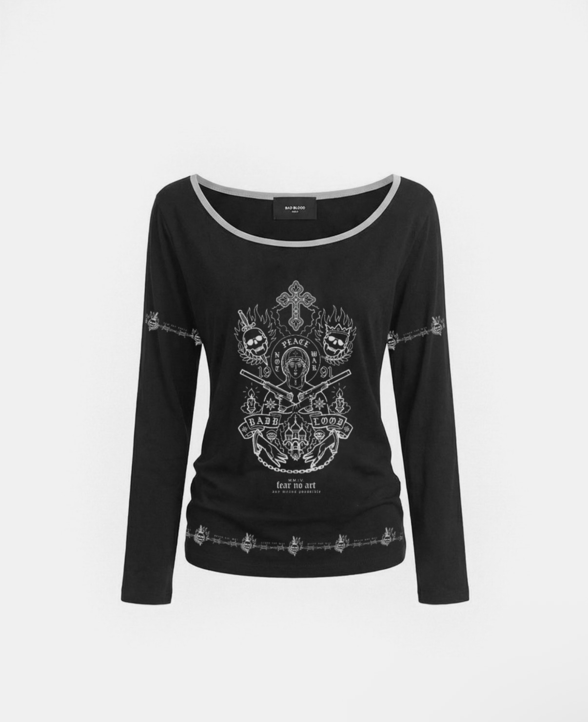 BADBLOOD新款[w-tee26-152] Peace Not War Print Loose-Fit Long Sleeve - Black