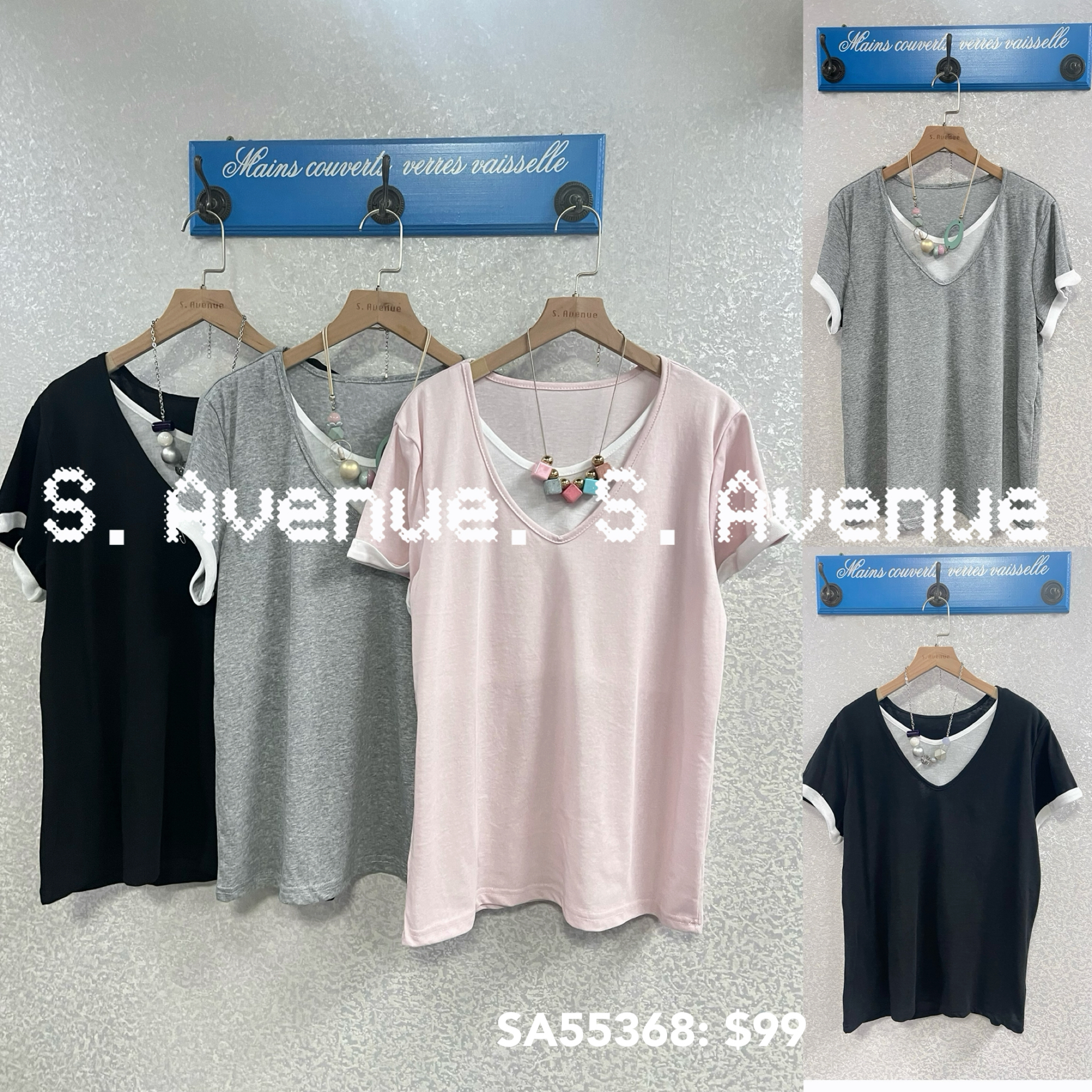 SA55368: 短袖V領淨色假兩件tee