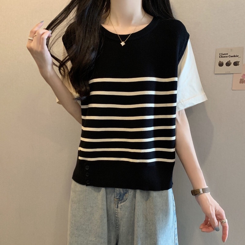  B359(876) 韩系减龄拼接杏短袖前部撞色横纹针织黑杏上衣