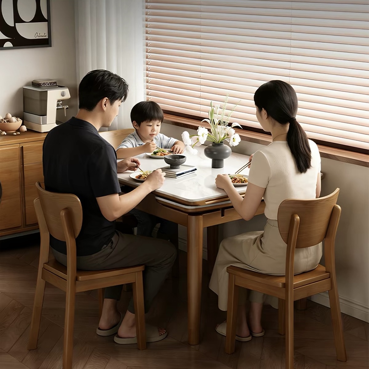 實木岩板餐枱 簡約現代 細單位專用 可伸縮摺疊長方形食飯枱 Dining table