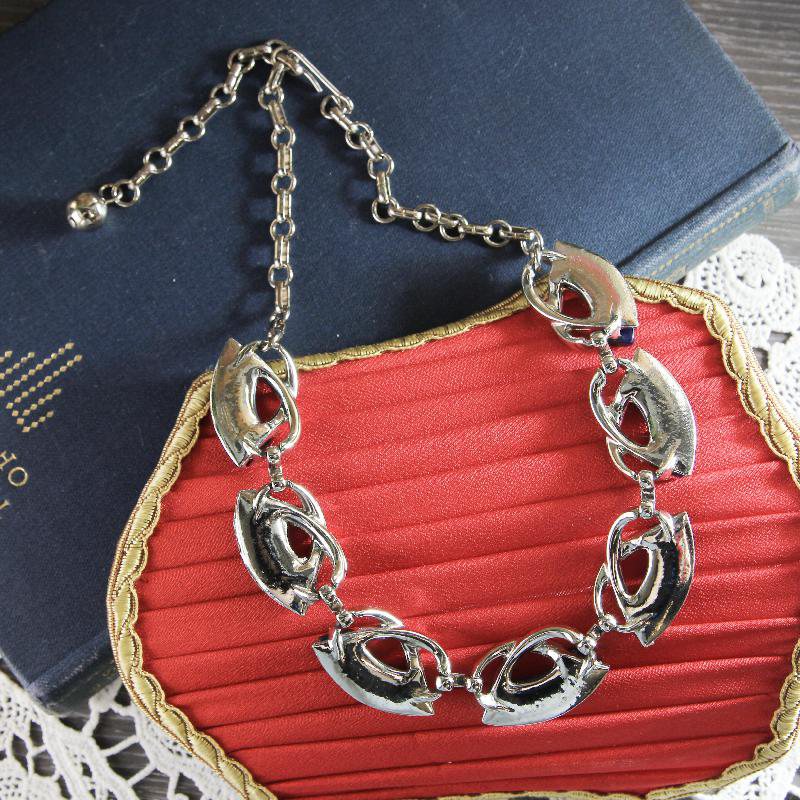 1950s Thermoset Midnight Blue Silver Wavy Cross Necklace(MN164)