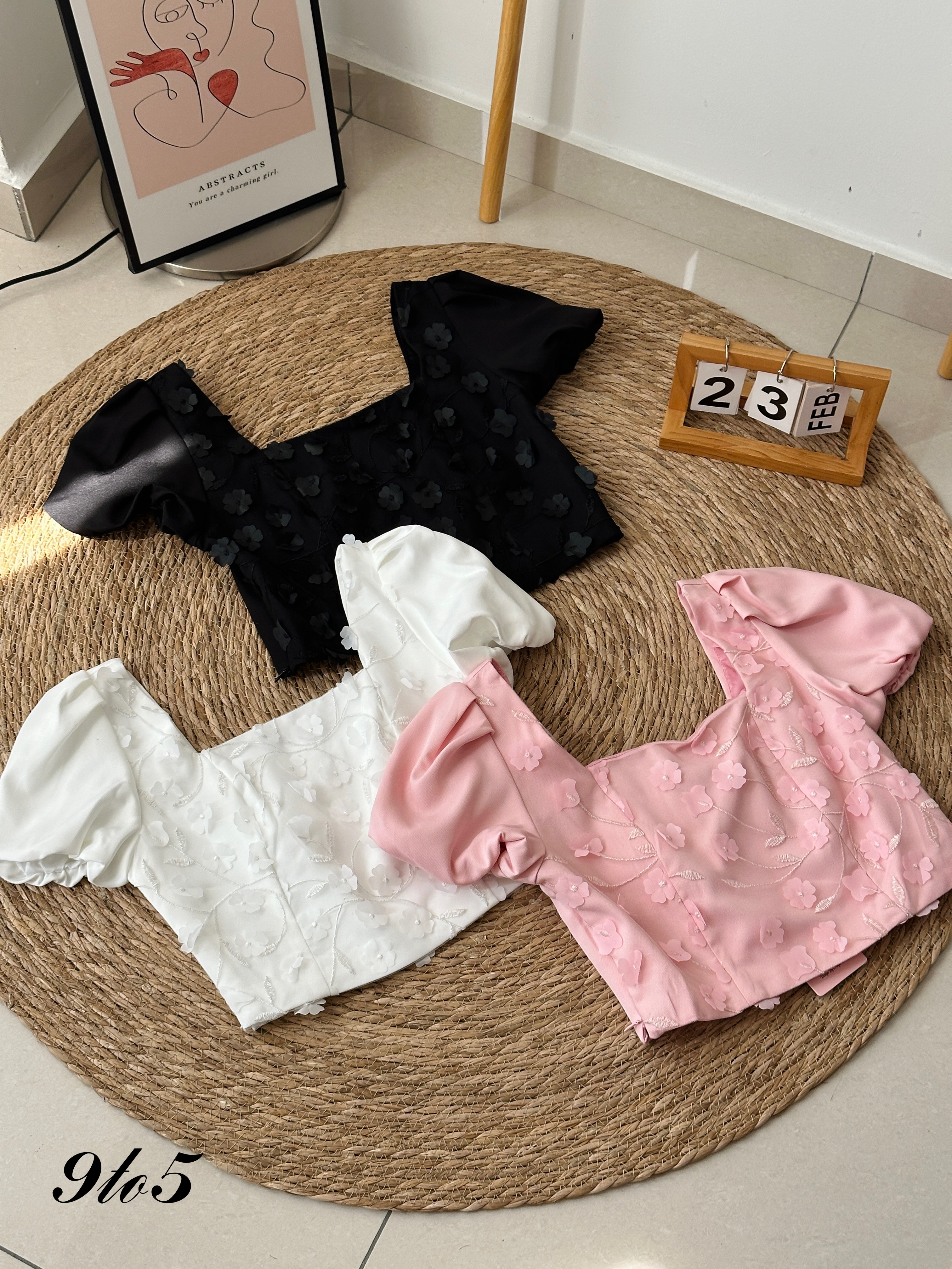 T3961 Puff Sleeve Square Neck Crop Top - 3 Colors