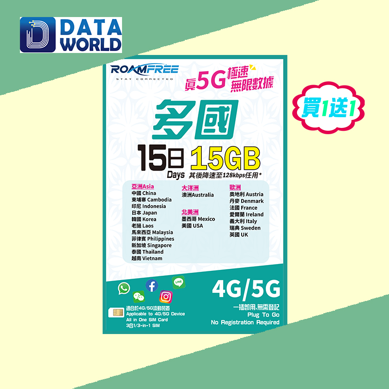 【買1送1優惠】Roamfree X 3HK 4G/5G 多國15日15GB無限數據卡 x2