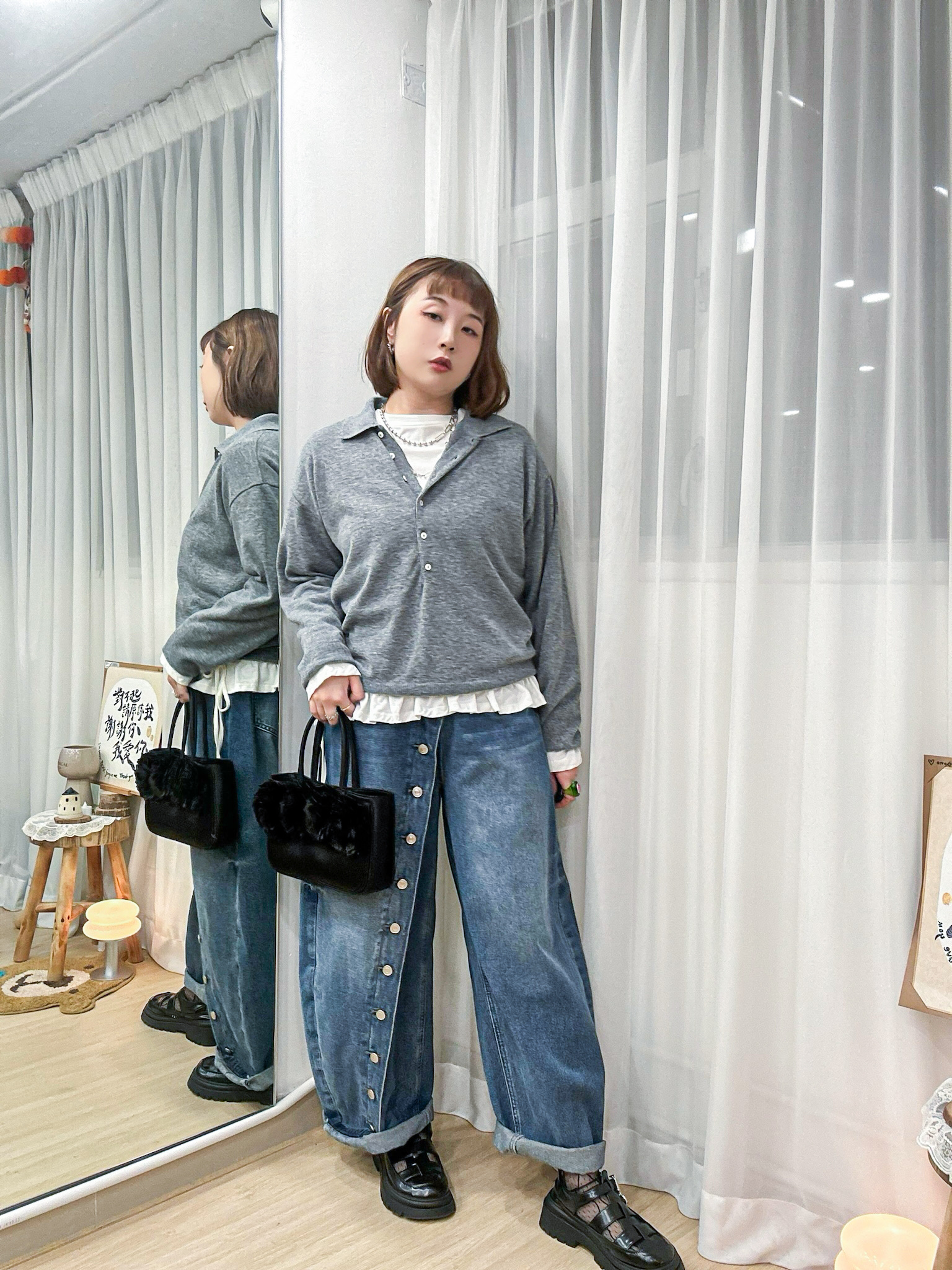 【WK推介】韓系街頭個性風～斜排扣立體感繭型牛仔褲 MU0002 - 藍色 Denim Blue