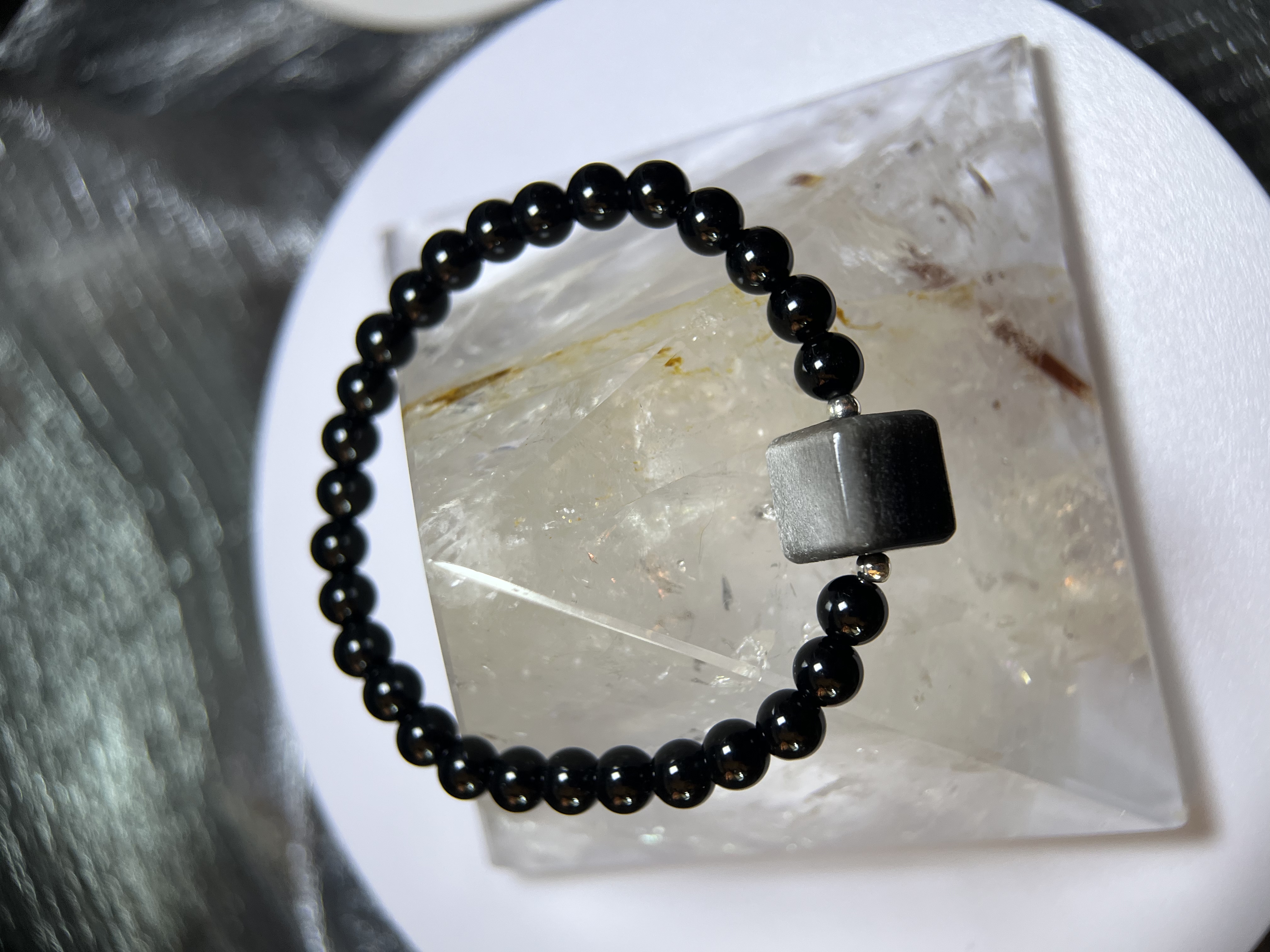 29B162手鏈｜黑曜石+方形銀曜石