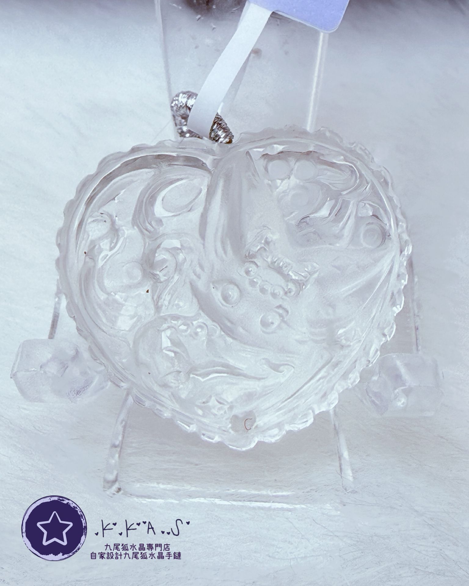 K00009 白水晶 心心公主狐 - 吊墜/手牌兩用款(上下孔)