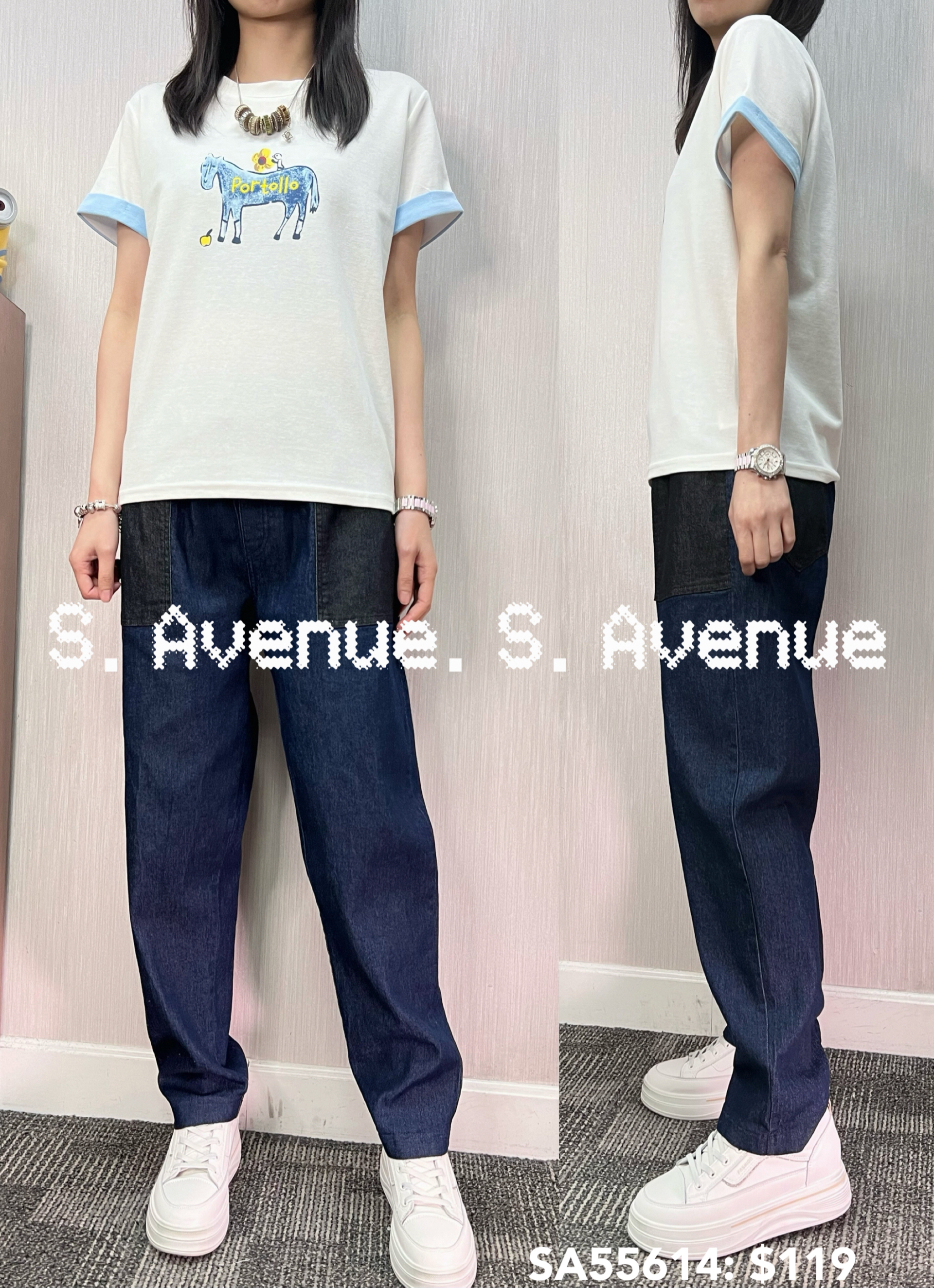 SA55614: 短袖撞色邊馬仔圖案tee