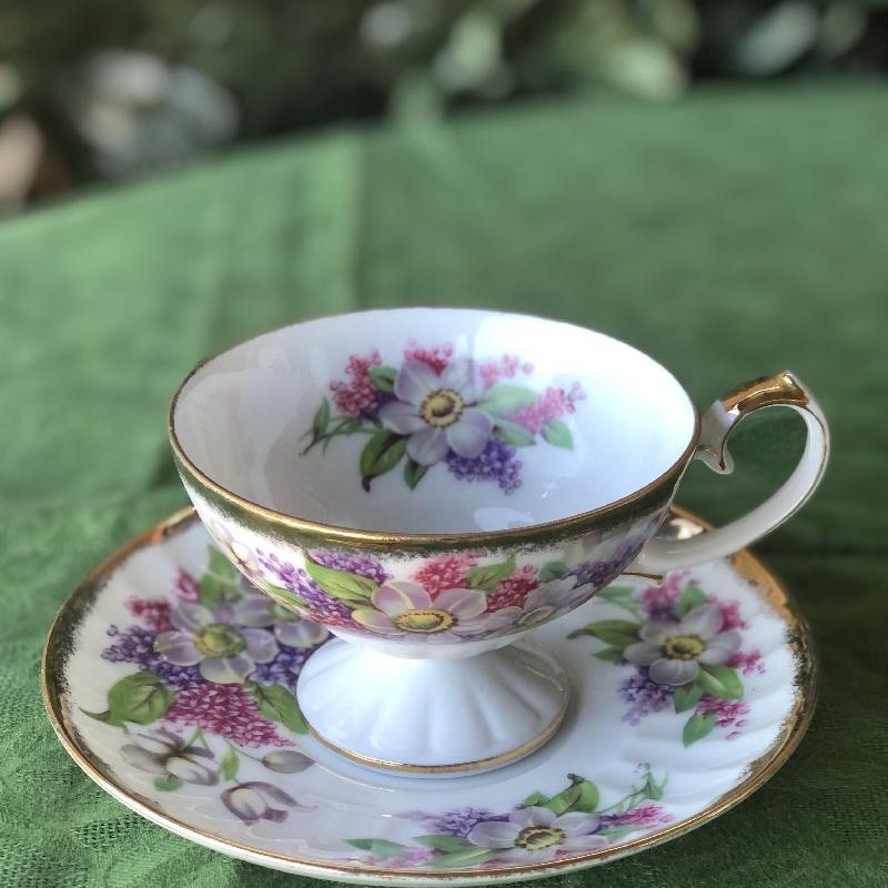 C.a. 1950-60s Japanese Shafford Hand Decorated Pink & Purple Footed Tea Set Duo (MT1682)