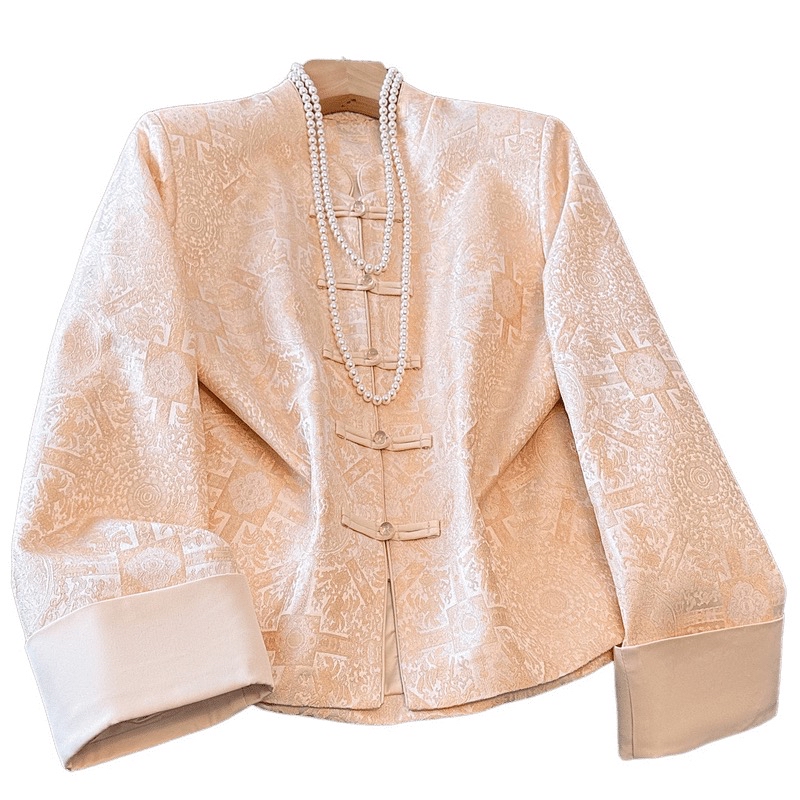 B141(9931) 新中式东方古韵太阳式缎面提花粉外套上衣