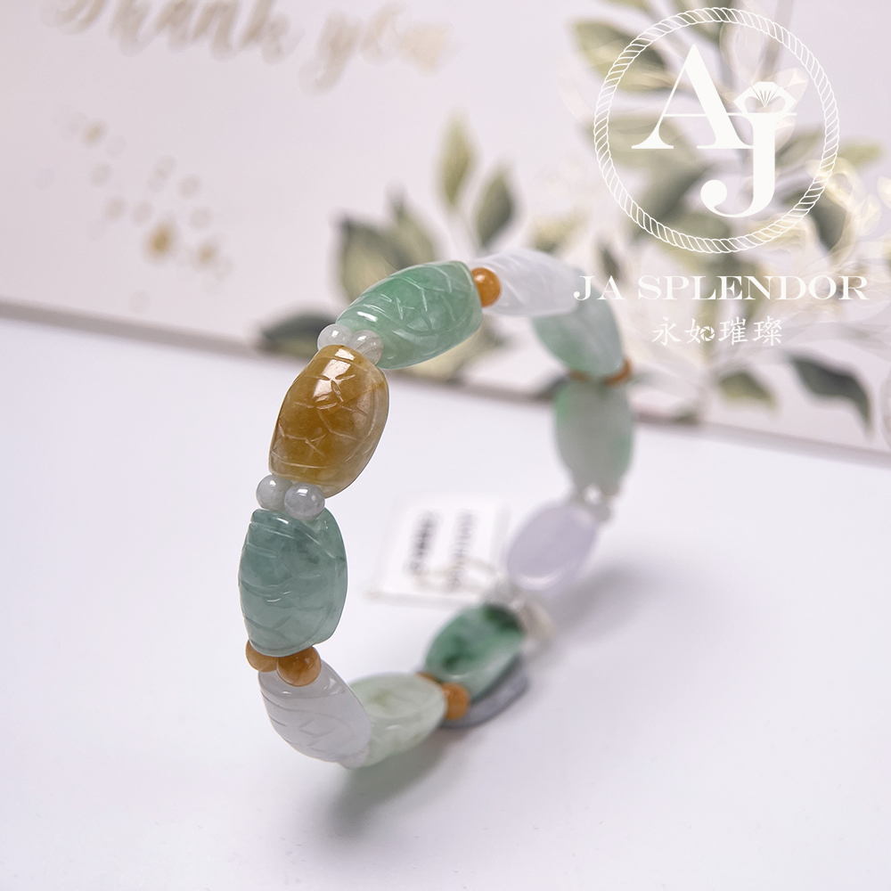 OF-06-B 天然翡翠A玉 - 冰潤三彩長壽吉祥龜貝手串