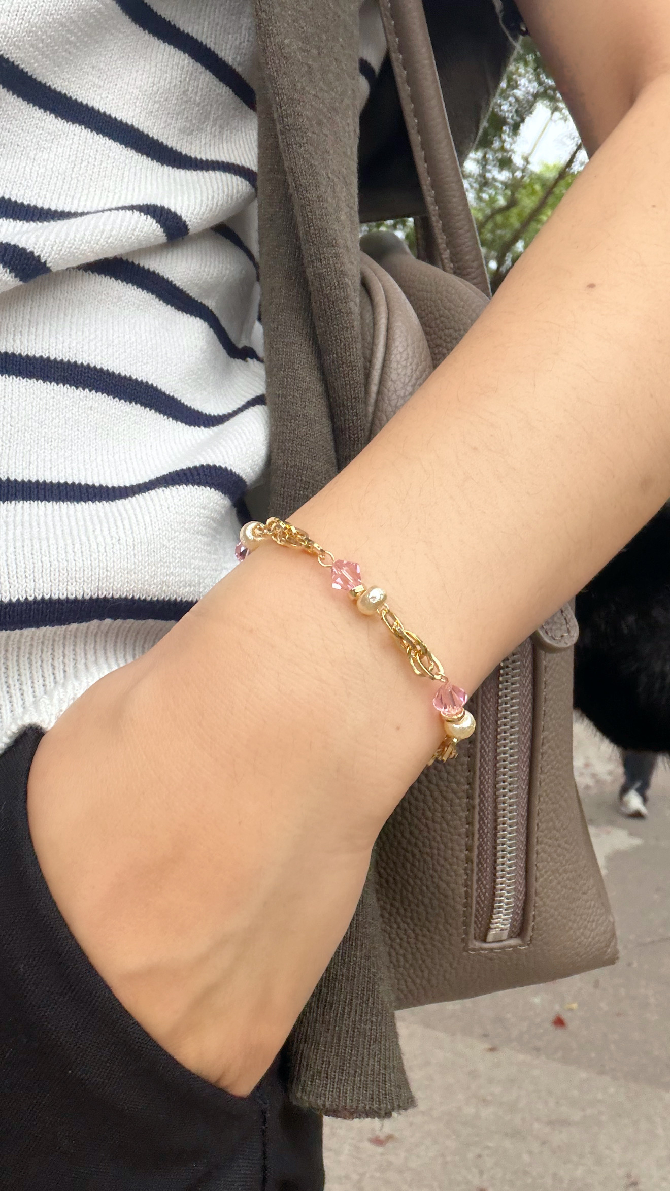 復古款水晶手鍊/櫻花粉紅x金色