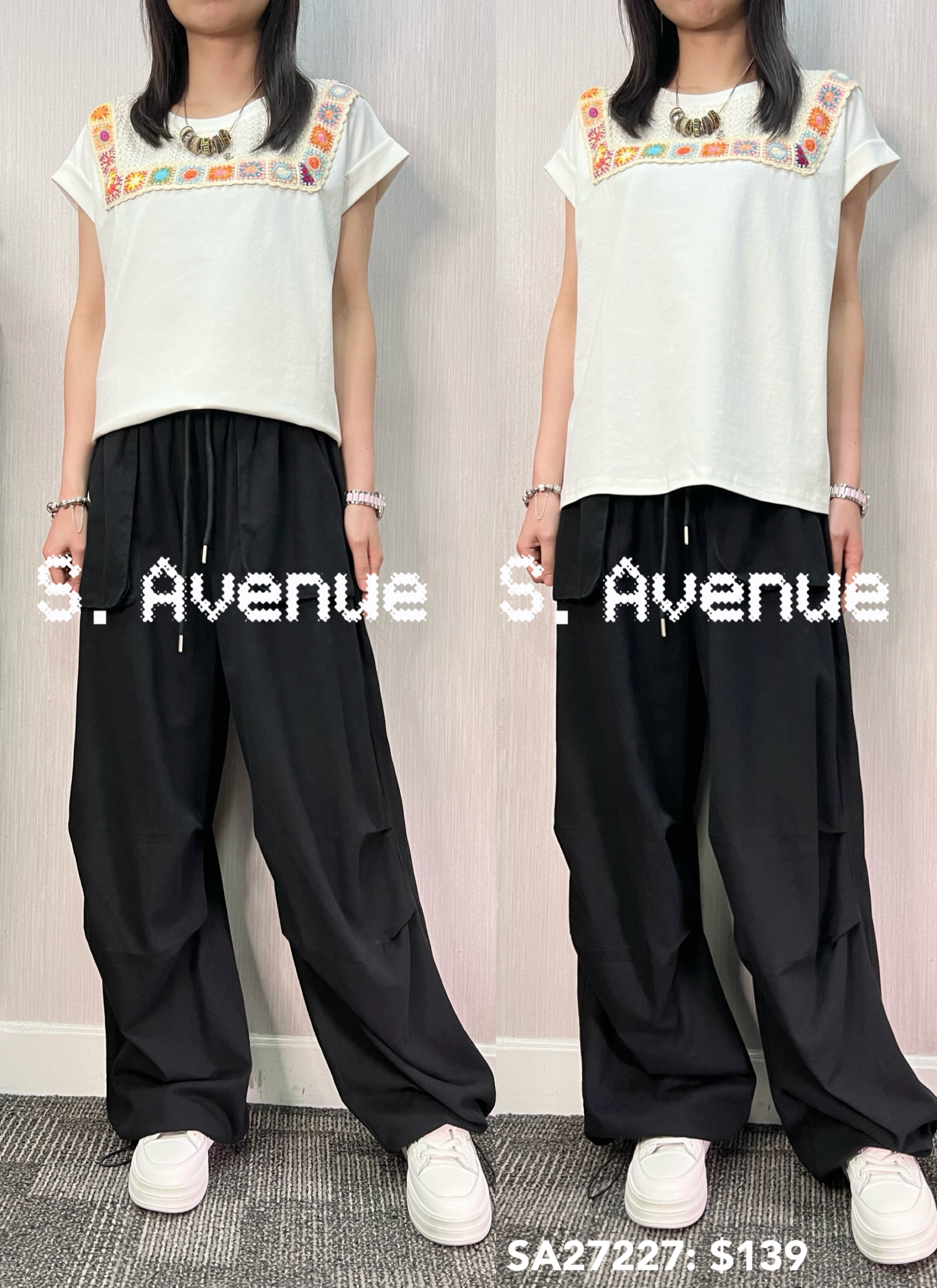 SA27227: 短袖撍袖領繡花tee