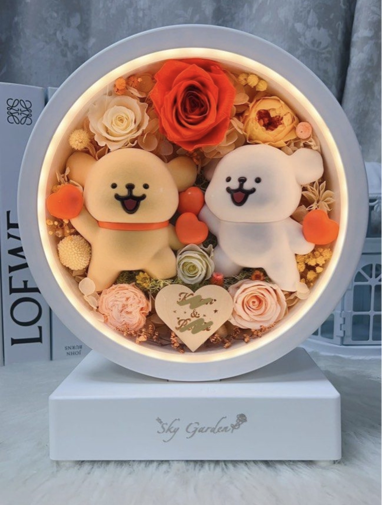 線條小狗永生花藍芽喇叭小夜燈