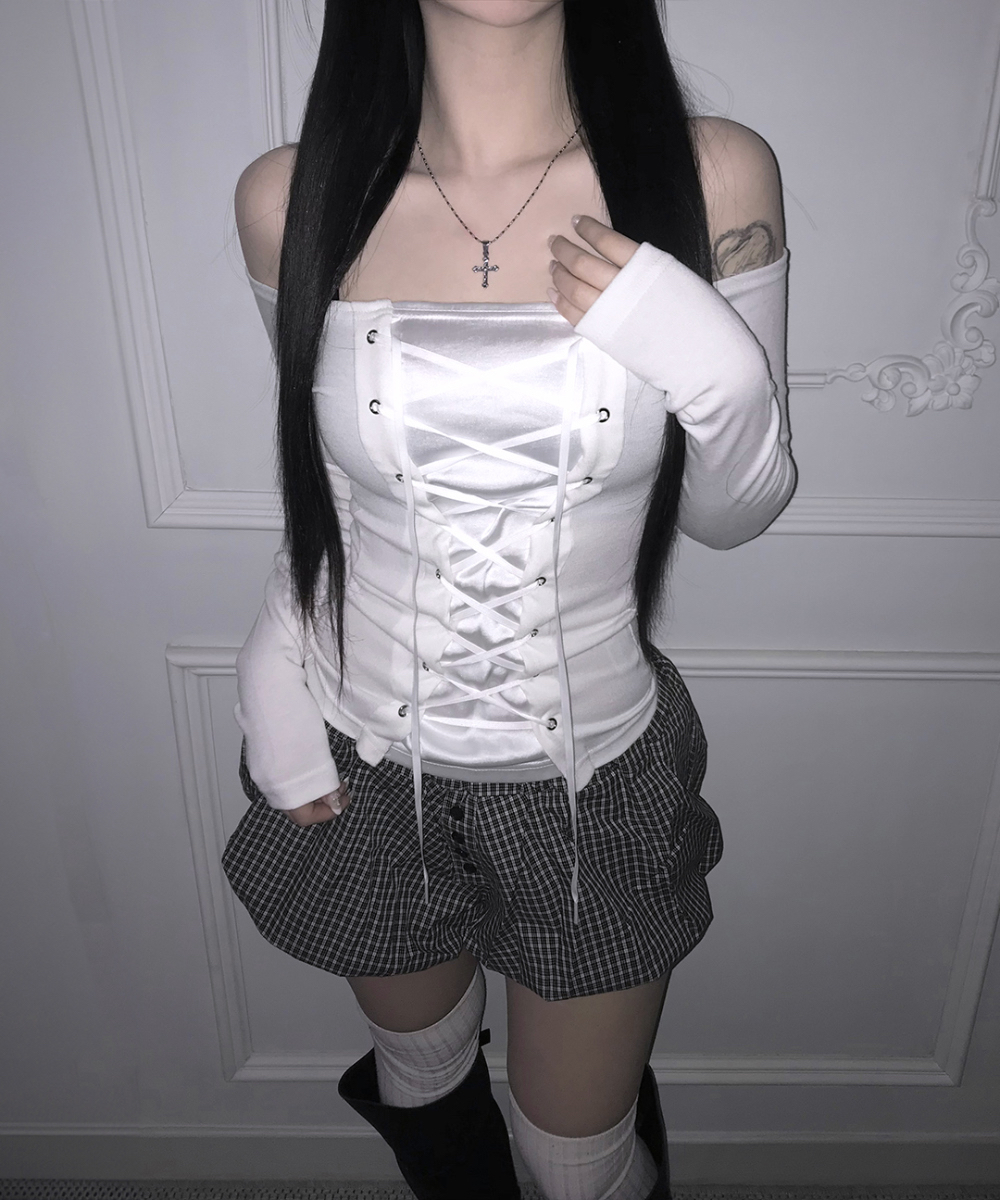 Off-Shoulder Satin Lace-Up Top