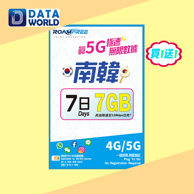 【買1送1優惠】Roamfree X 3HK 4G/5G 南韓7日無限數據卡 x2