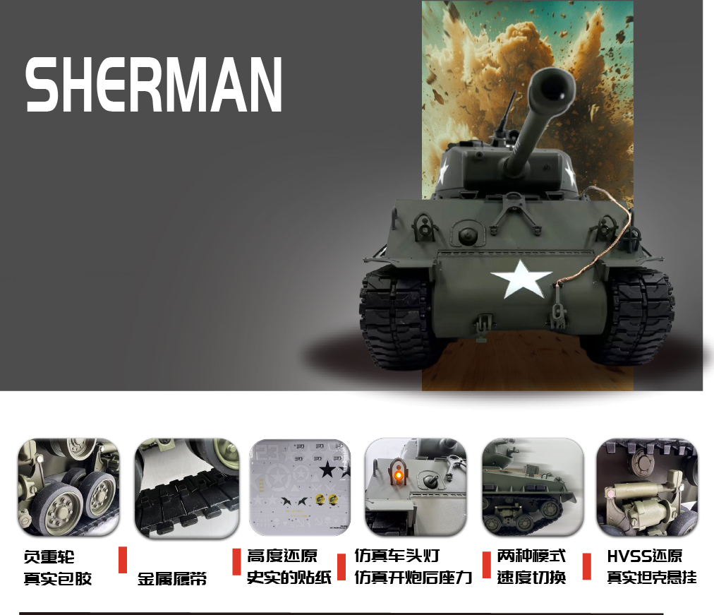 全新 NF Model 1:16 U.S.A M4A3 Sherman Main Battle Tank | 美軍 M4A3 雪曼主戰坦克 | 全金屬底盤 | 7.0主控板 | 2.4Ghz 遙控器 | 360度炮台 | 發射BB彈/紅外線對戰
