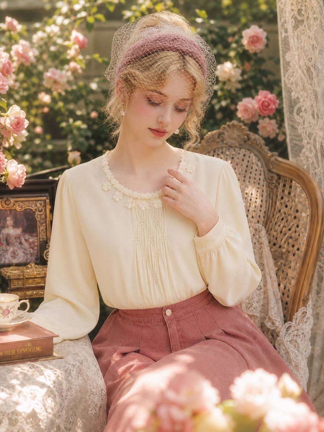 玫瑰莊園的晨光蕾絲小花環柔霧襯衫上衣Rosabelle Secret Garden  Floral Lace Neckline Blouse