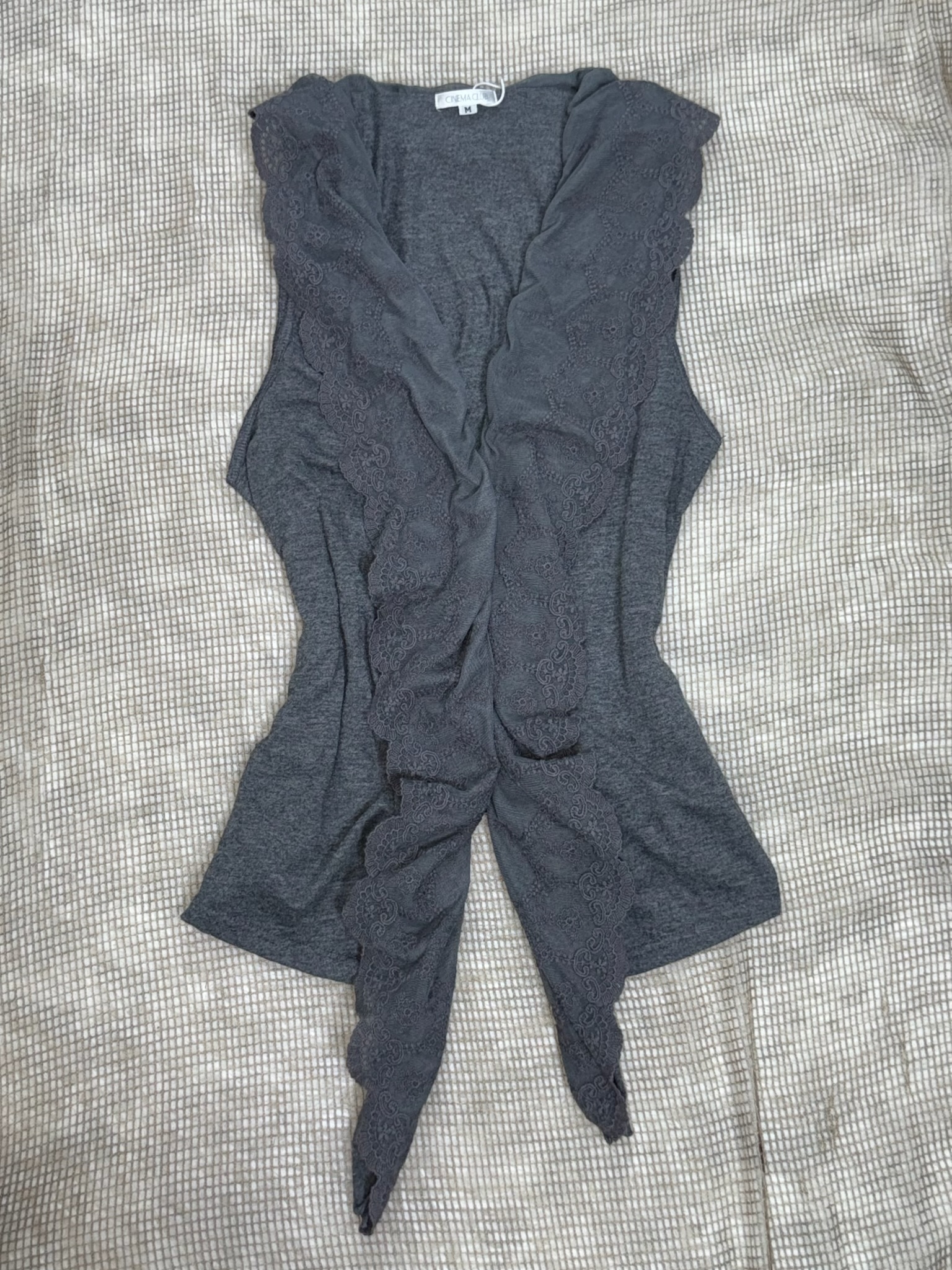 Charcoal Grey Lace Open Front Sleeveless Cardigan