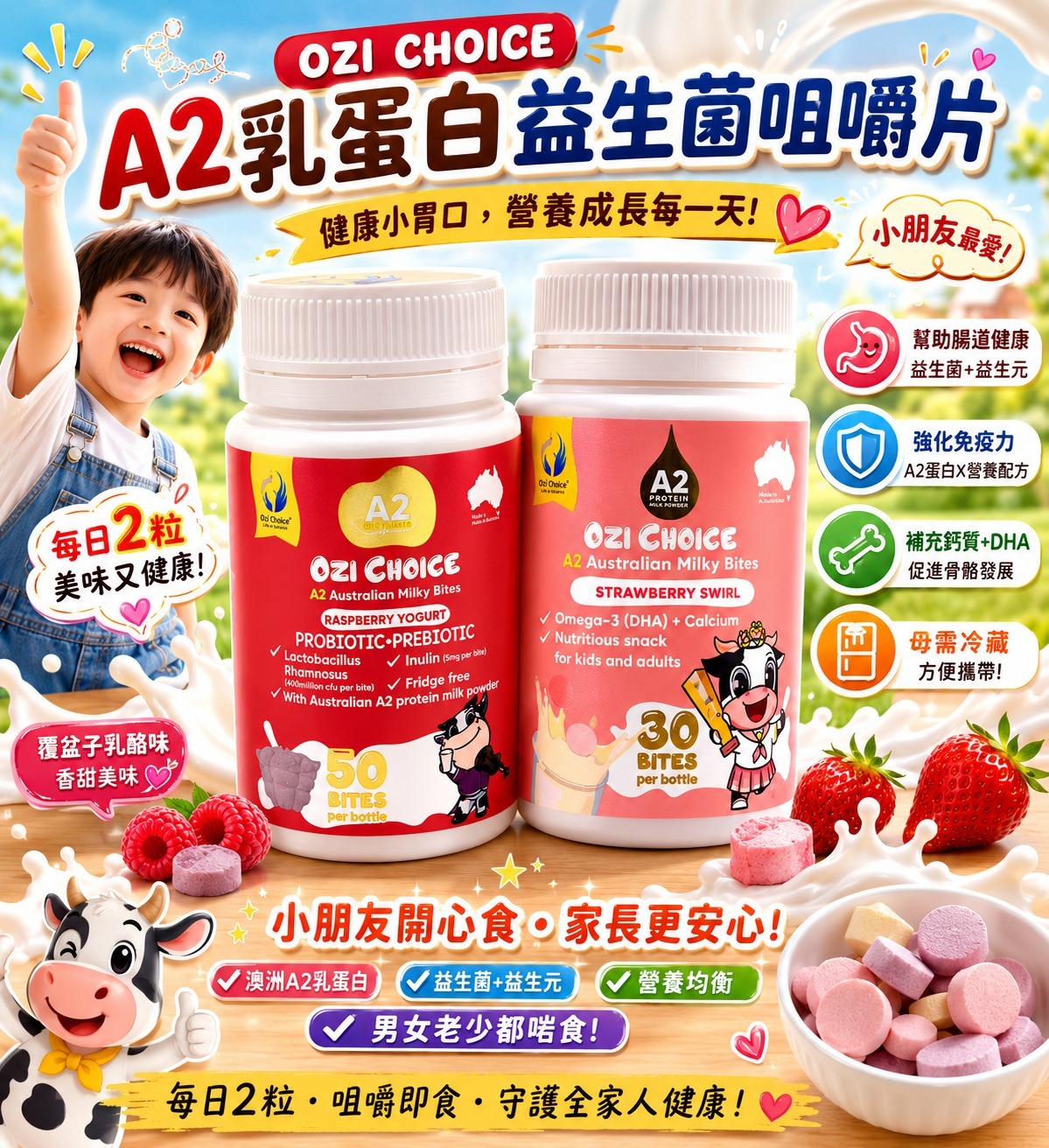   【預訂】Ozi Choice A2 乳蛋白益生菌咀嚼片 (1罐50粒)