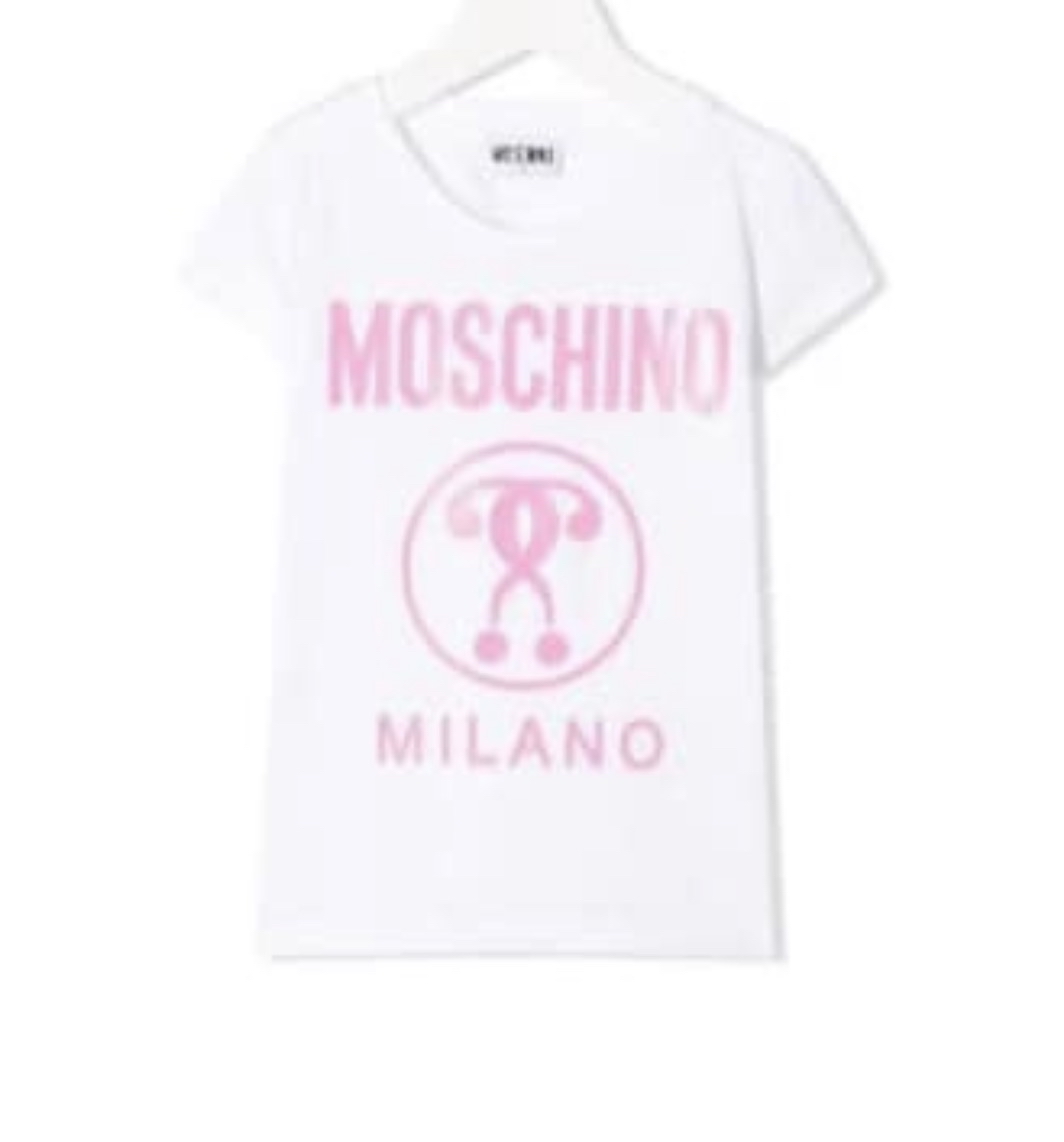 Moschino 螢光粉紅Logo及圓形圖案Print白色Tee（童裝12碼）
