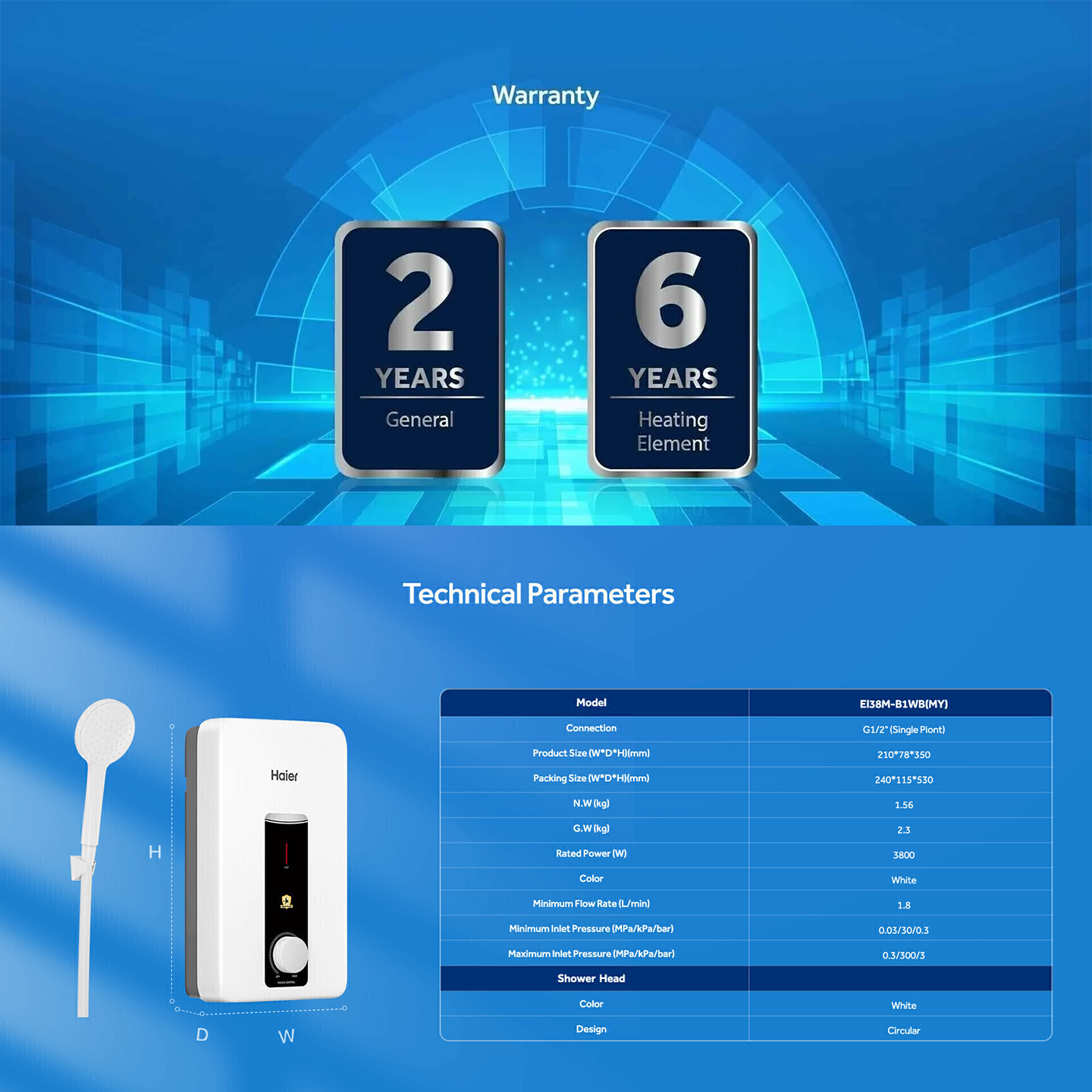 Haier 3.8kW DC Pump Water Heater Black (EI38M-B1WB)