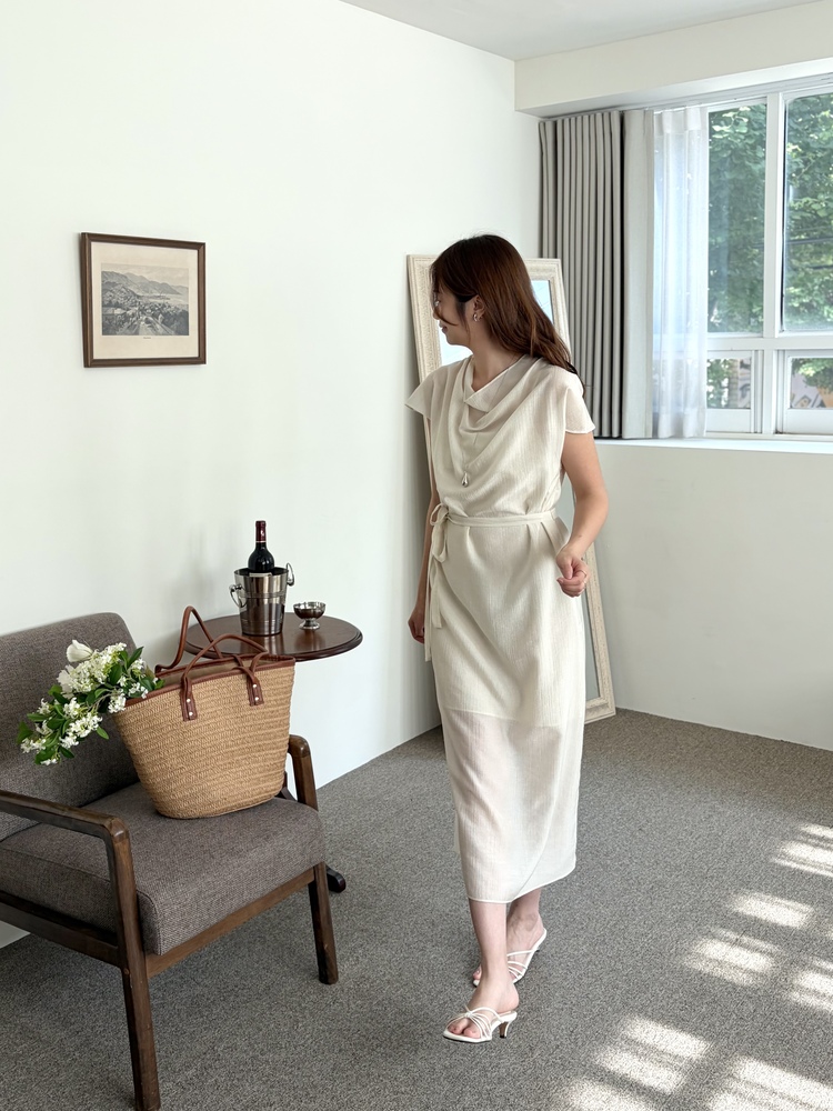 Draped Neck Dress with Inner Slip (Cream)