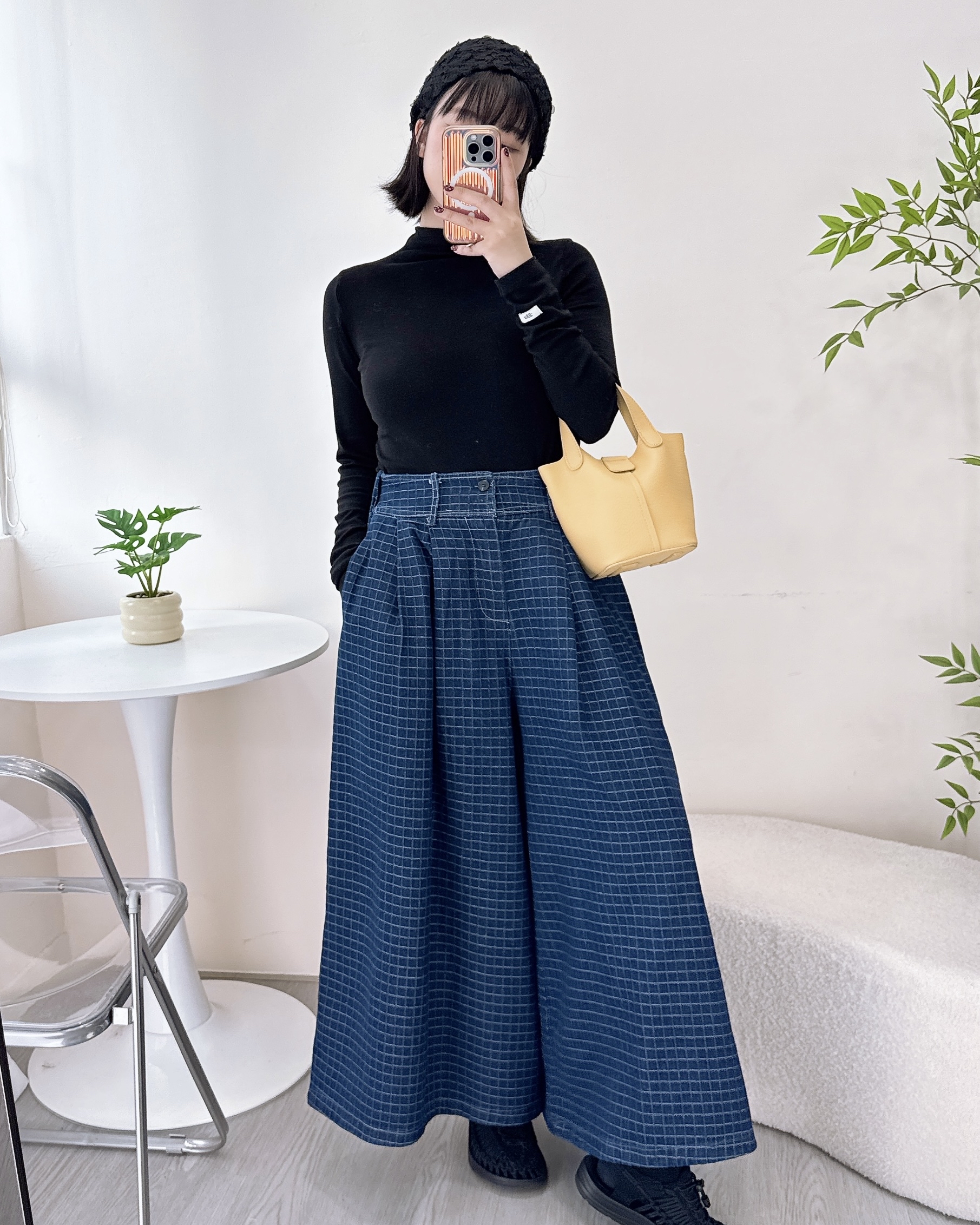 日式車線格仔闊裙褲