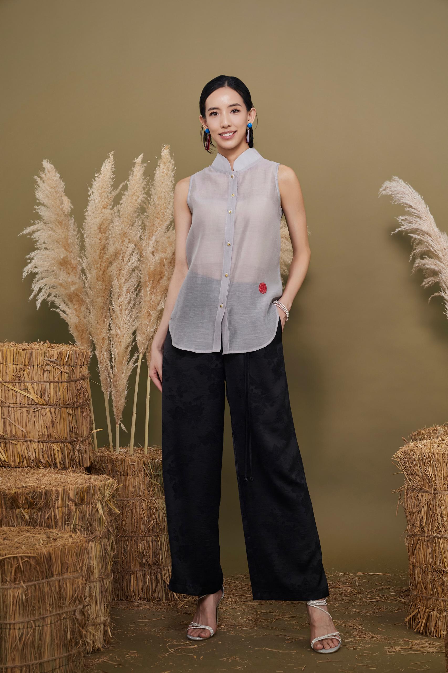 CB2784 XI XI MANDARIN COLLAR MESH LONG TOP