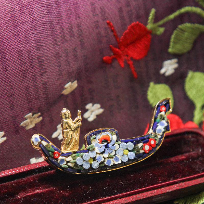 Vintage Pre-1980s Italian Gondola Mosaic Brooch -Blue (FA284)
