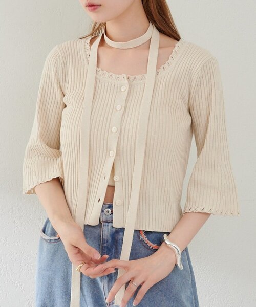 喇叭中袖lace邊頸帶小外套