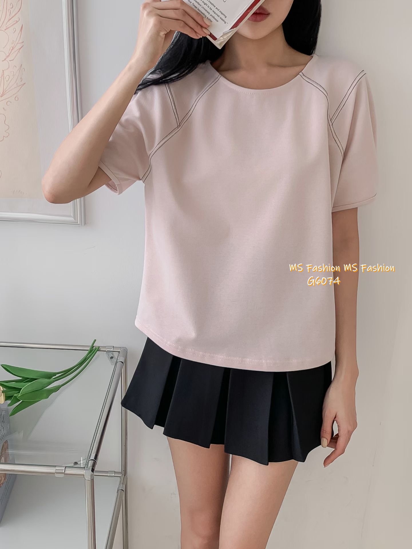 G6074 韓國🇰🇷淨色圓領摺袖top