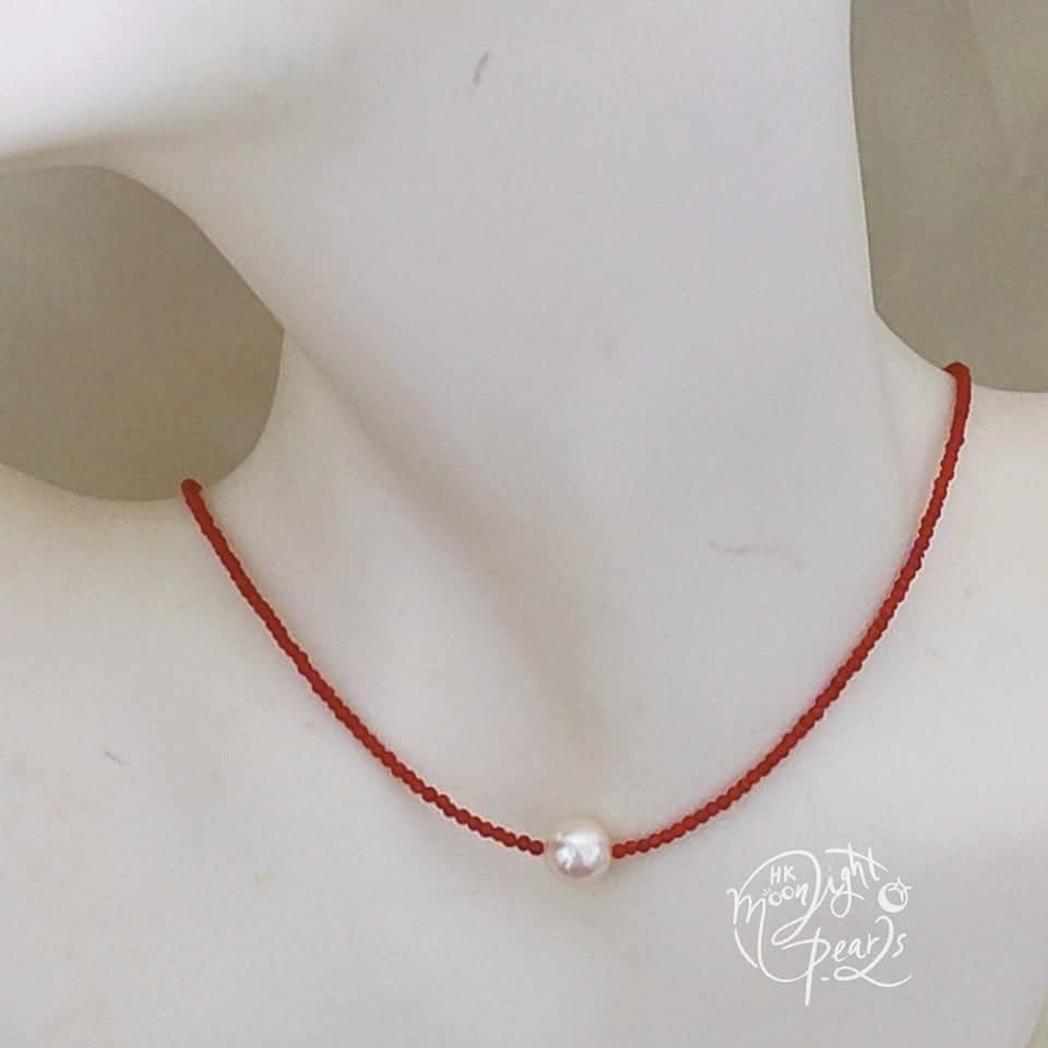 正圓極強光日本akoya 櫻花粉海水珍珠+沙丁珊瑚925銀扣時尚鎖骨鍊