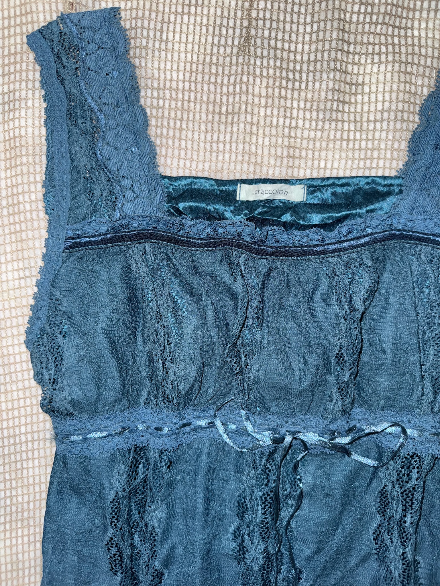 Vintage Teal Blue Sleeveless Lace Trim Tunic Top