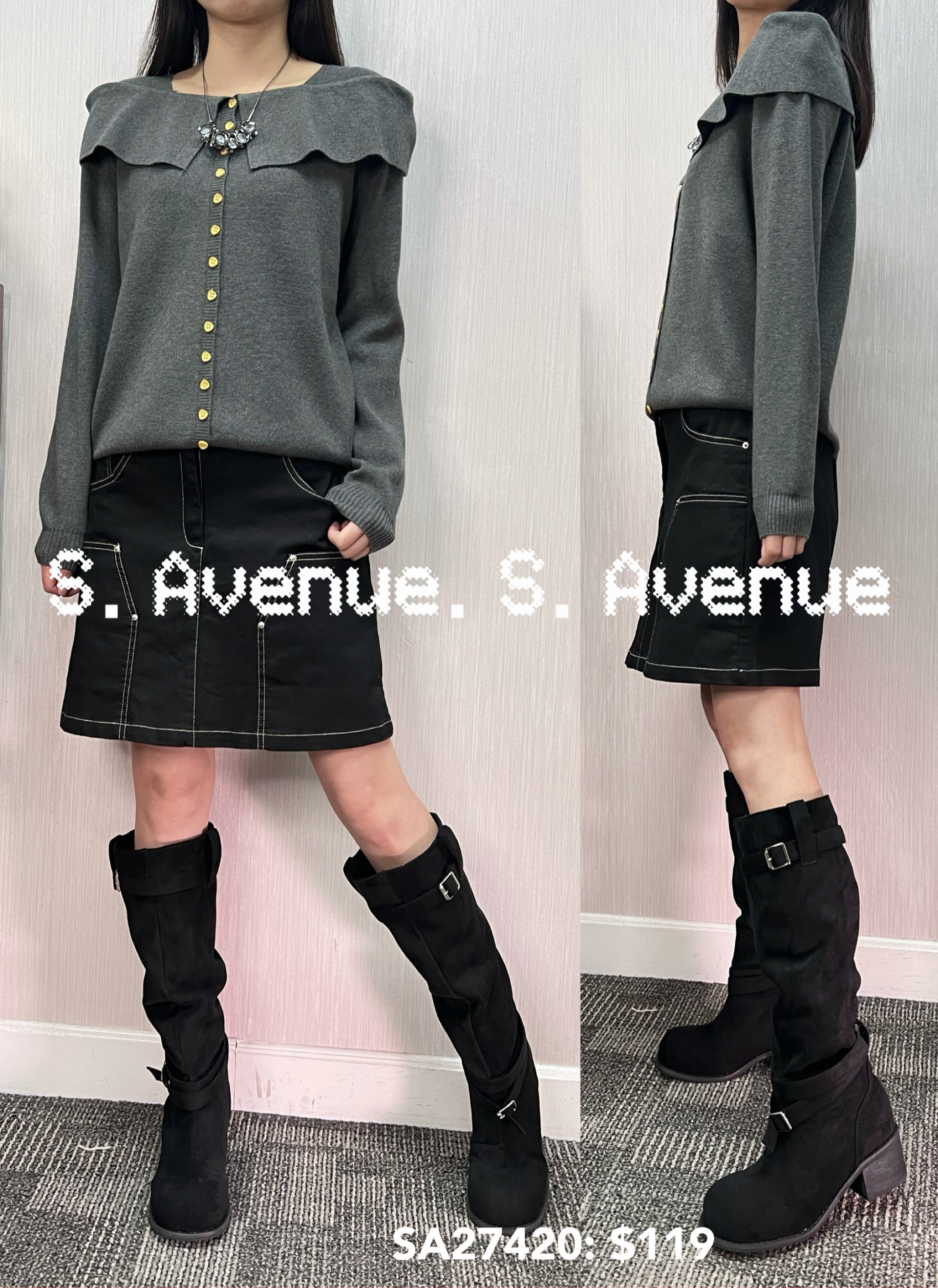 SA27420: 長袖方領假披肩有鈕top