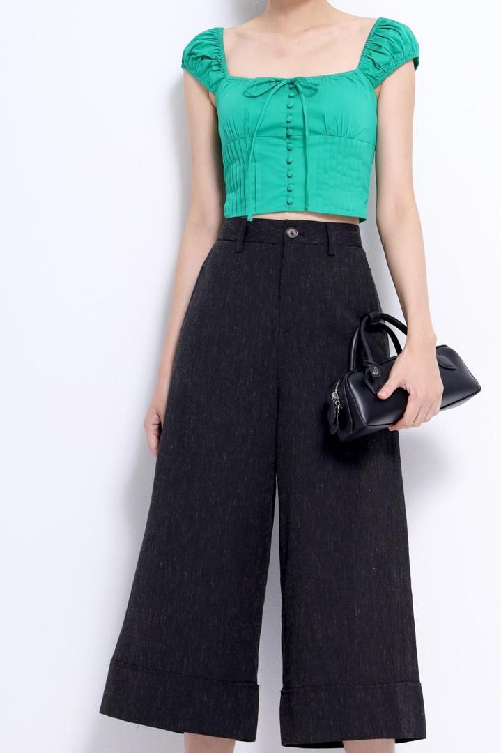 麻料宽脚裤 黑色1595