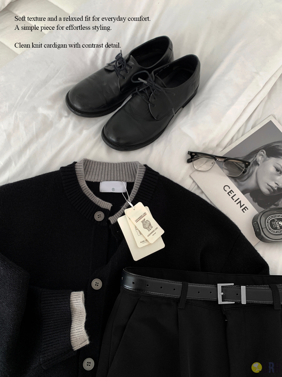 【100%保證韓國直送】柔軟仿羊絨撞色圓領針織開襟衫 👕 [2 color] RL114829