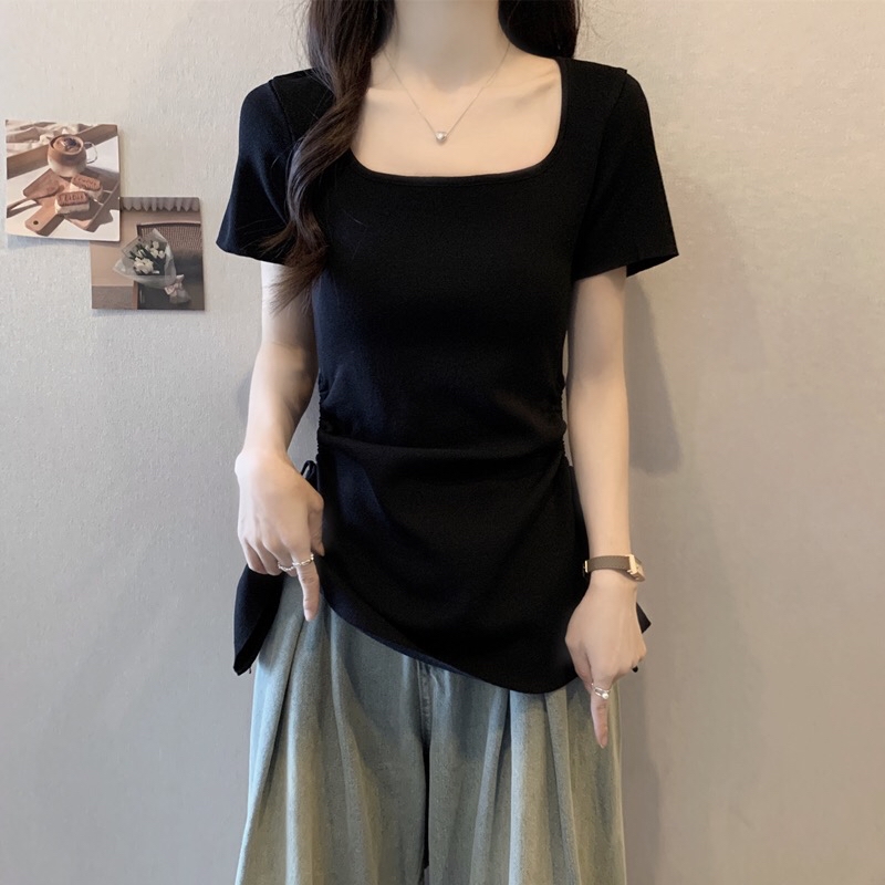 B315(1065) 韩版方领显瘦双边腰镂空抽绳黑黄针织上衣