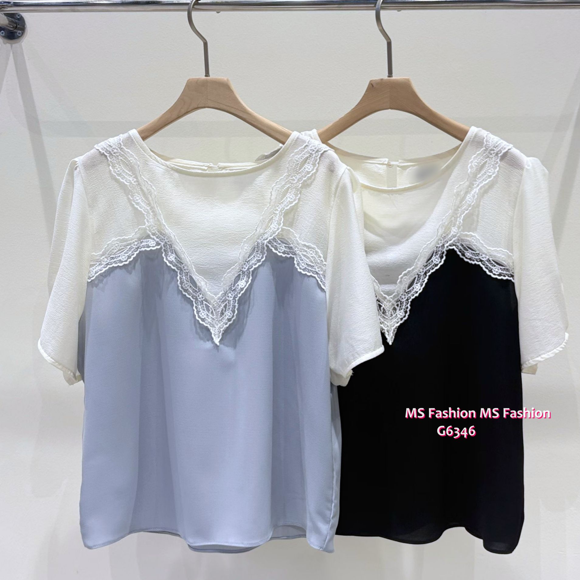 G6346 靚料拼色V lace top
