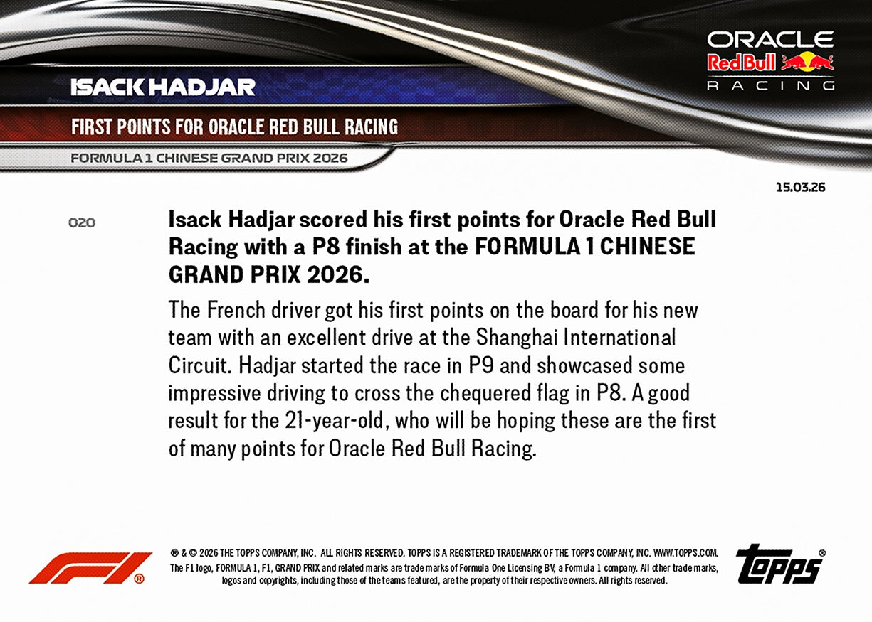 Isack Hadjar - 2026 F1 Topps NOW® #20 Chinese GP Red Bull首奪積分卡｜PR 1,275