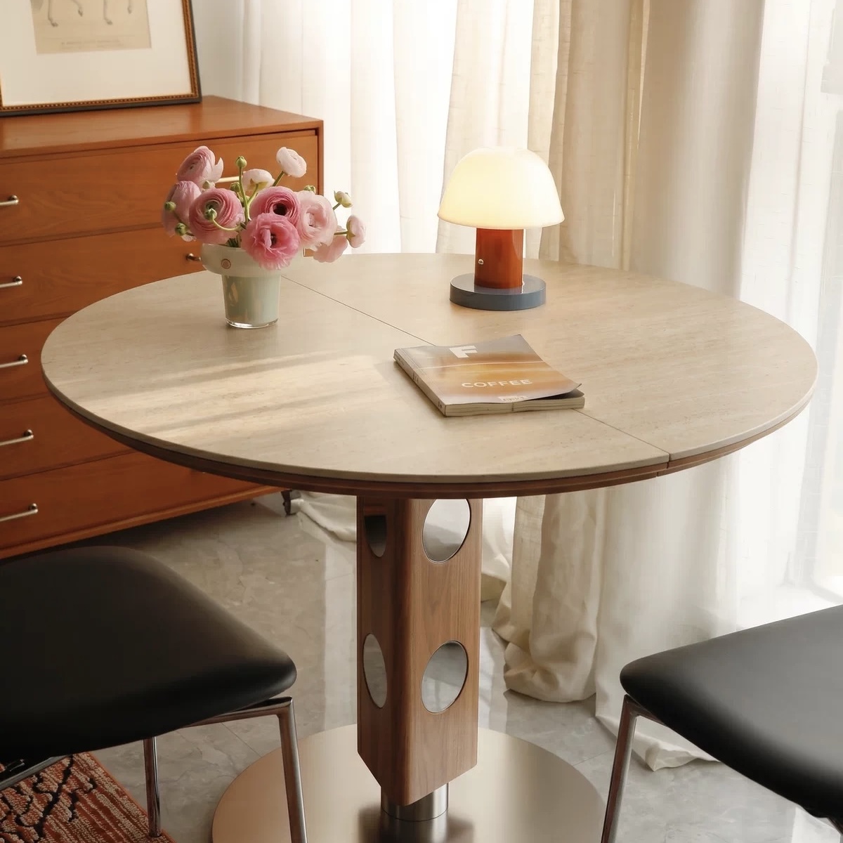 家用細單位方變橢圓岩板餐枱 中復古風 可伸縮摺疊實木食飯枱 Dining table