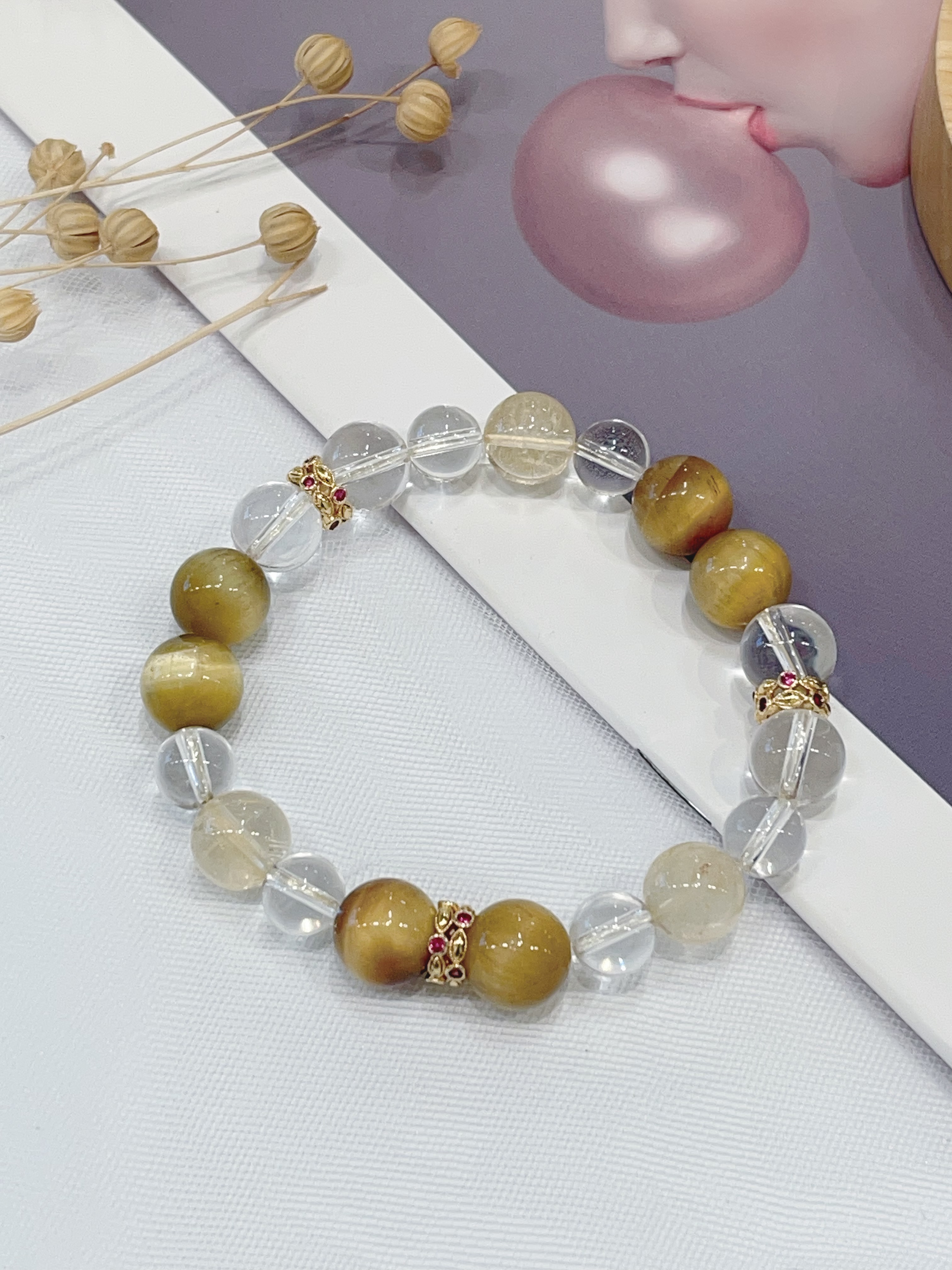 🐯 黄虎眼 × 白水晶 × 金发晶手串 Yellow Tiger Eye & Clear Quartz & Golden Rutilated Quartz