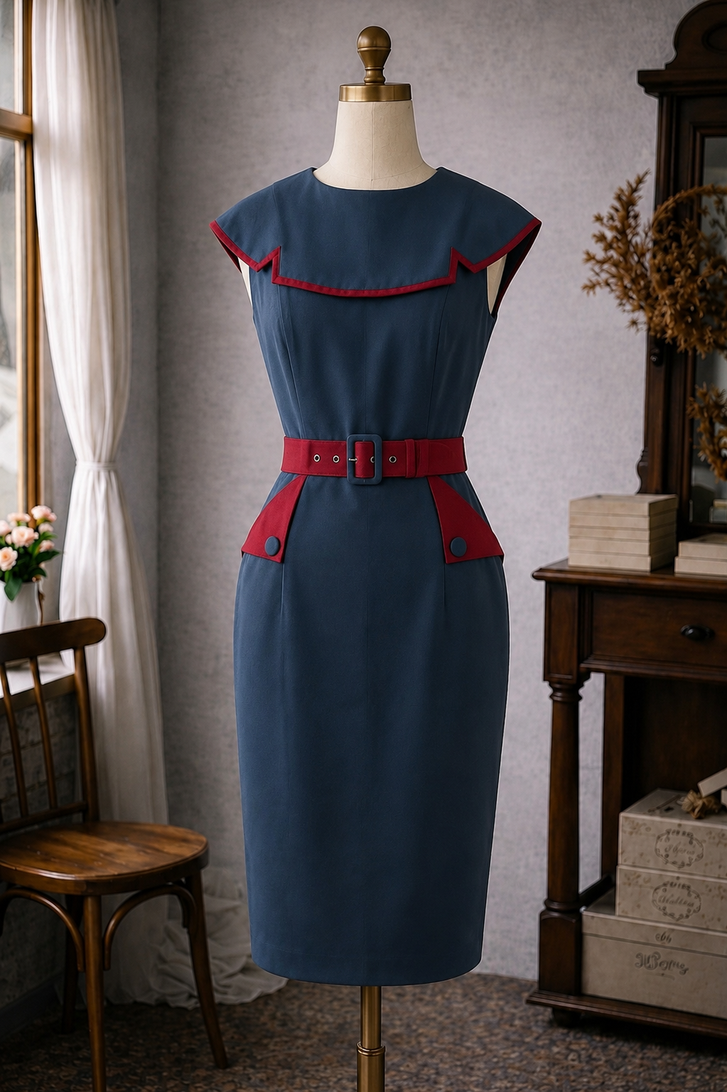 (Last S)1950s Summer Splendour Two Tone Cape Dress - Blue x Red (FM191)