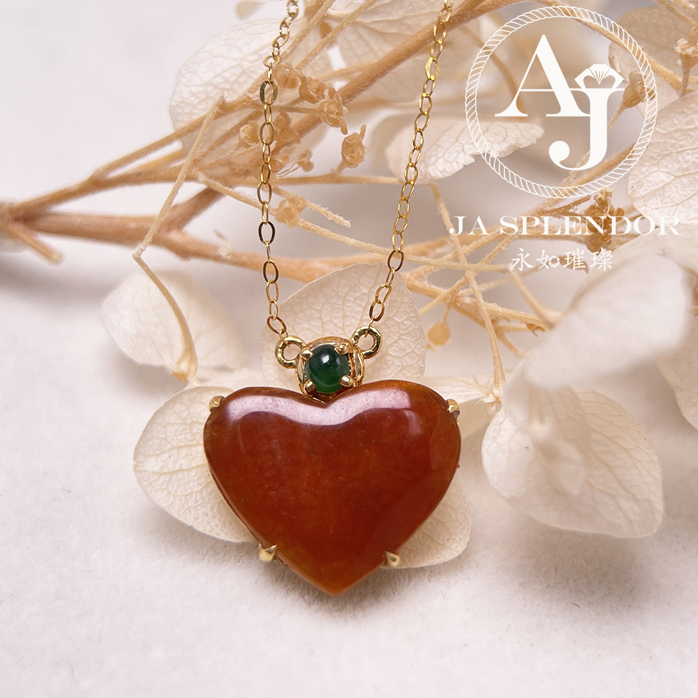 JNk-12 天然翡翠A玉 冰潤紅翡翠心心相印18K金吊墜連項鏈