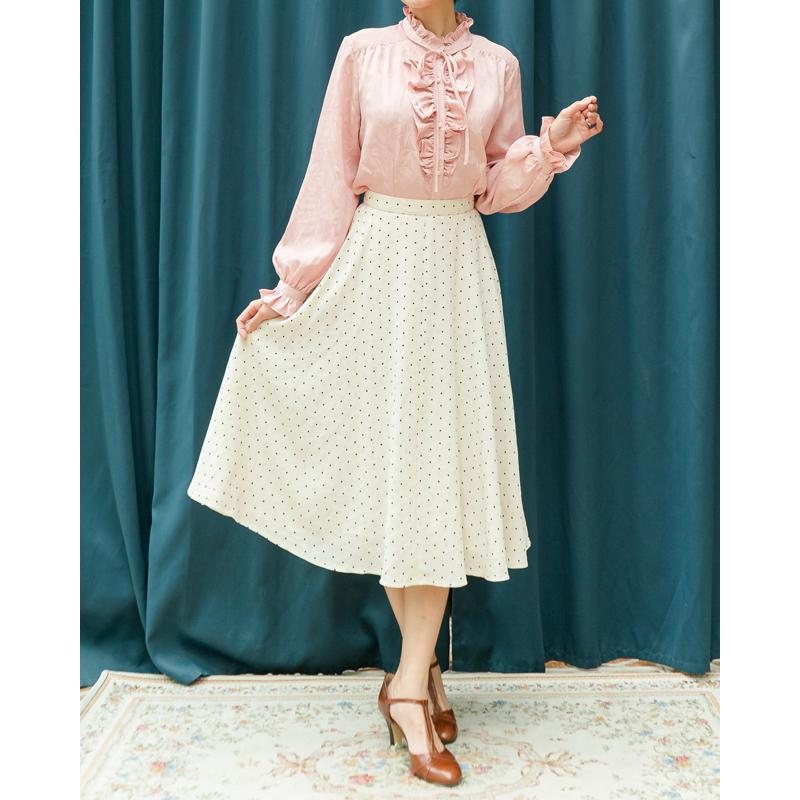 Vintage Japanese Leaf Textured Pink Ruffle Front & Cuff Blouse/Shirt (MT1604-8)