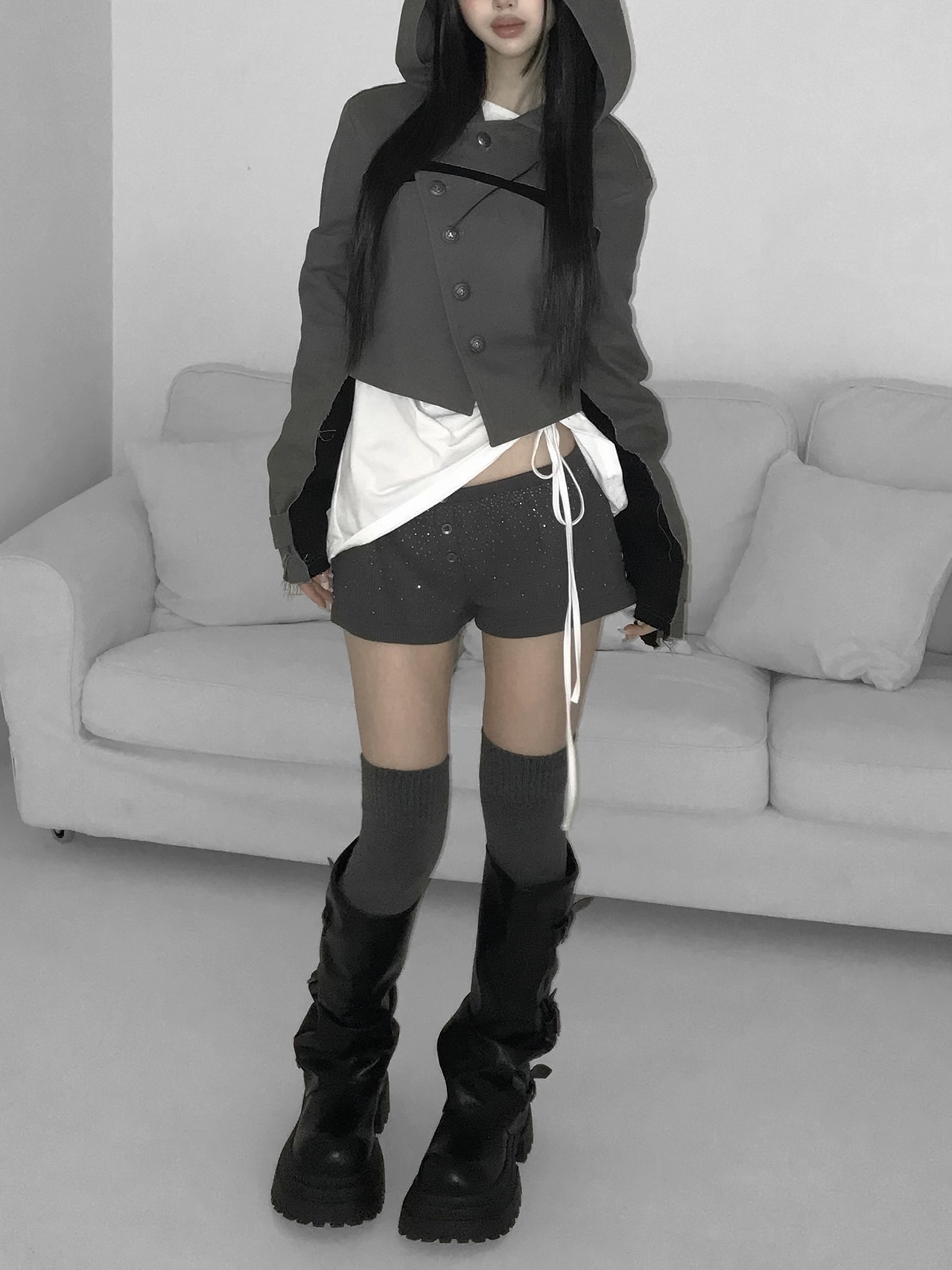 Asymmetric Raw-Edge Hooded Cropped Jacket