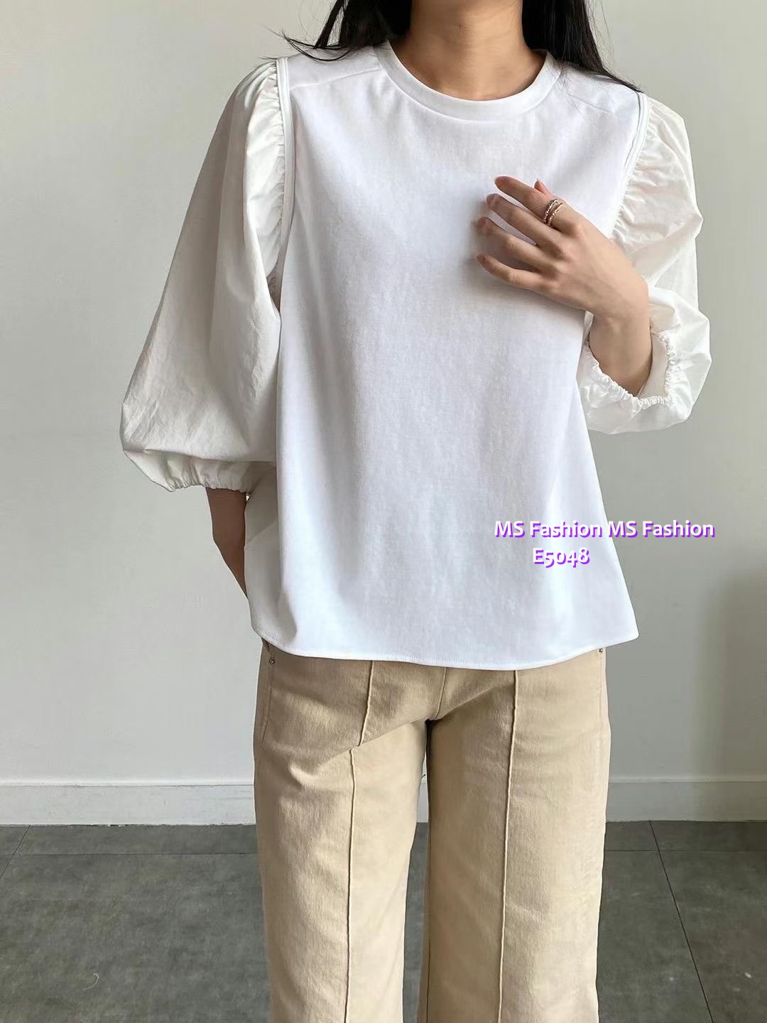 E5048 淨色泡泡中袖top