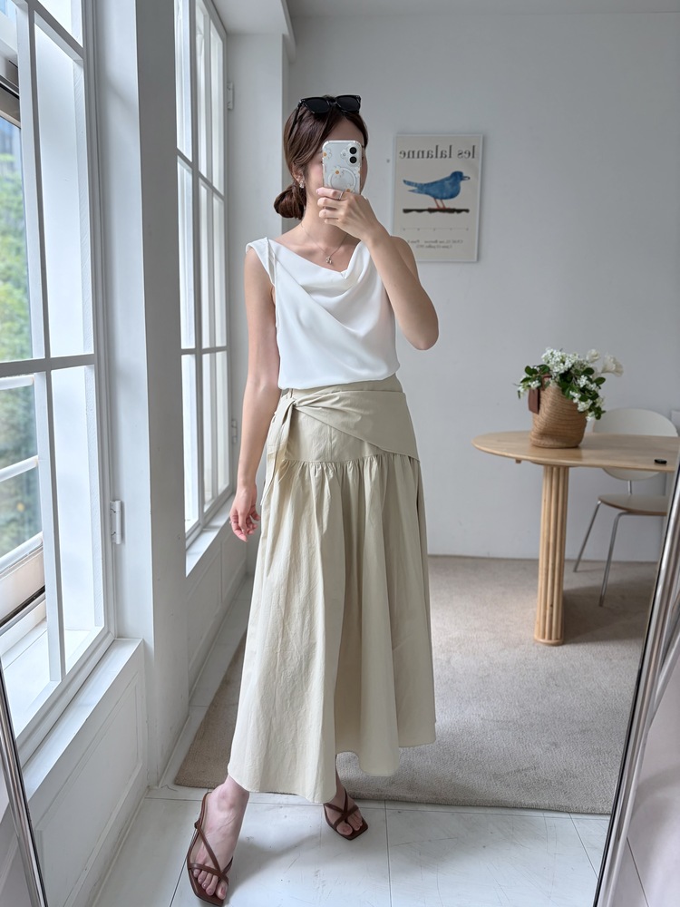 Wrap-Waist Flare Skirt (Beige)