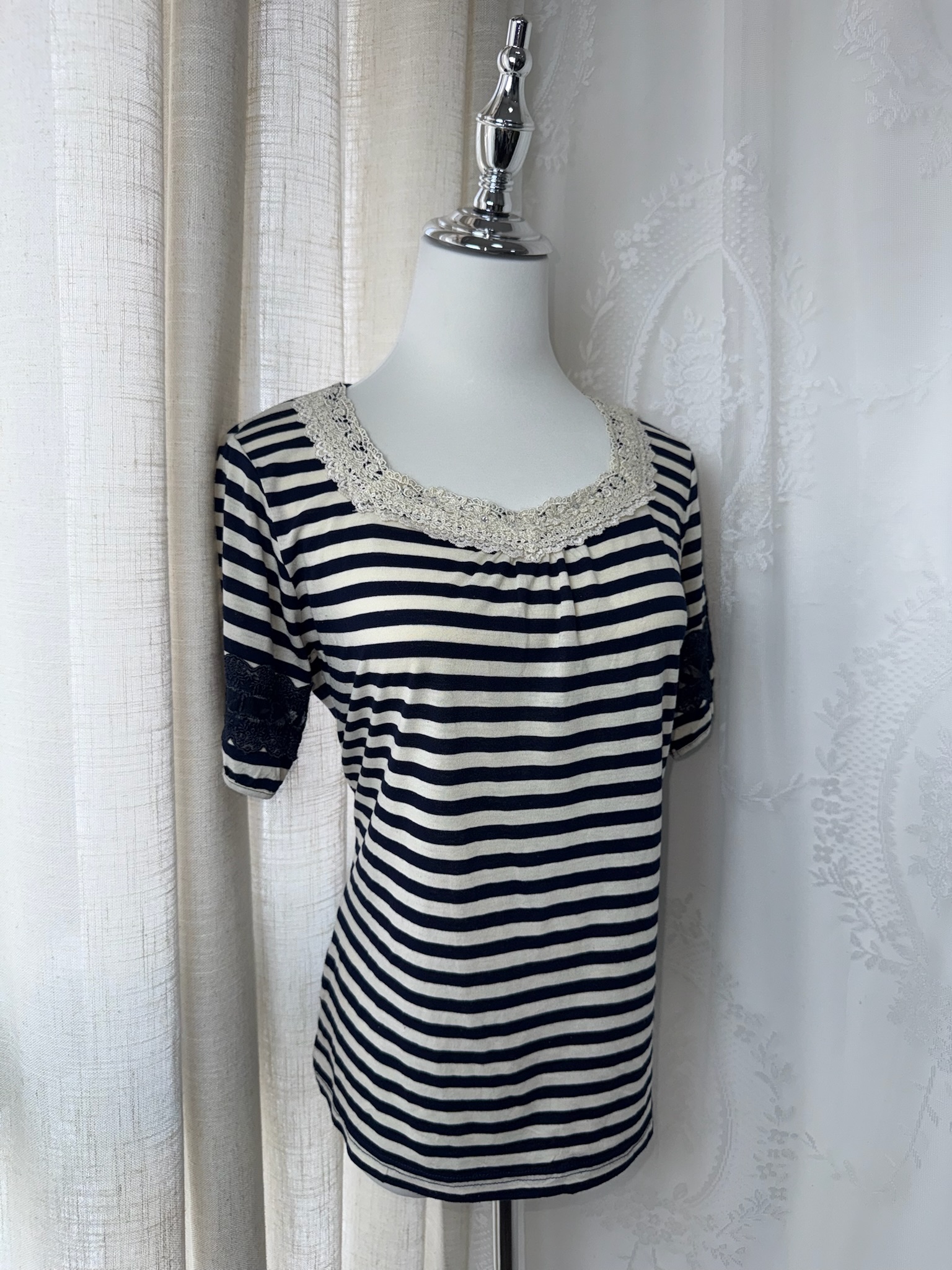 Axes Femme Nautical Striped Lace-Trimmed Tee