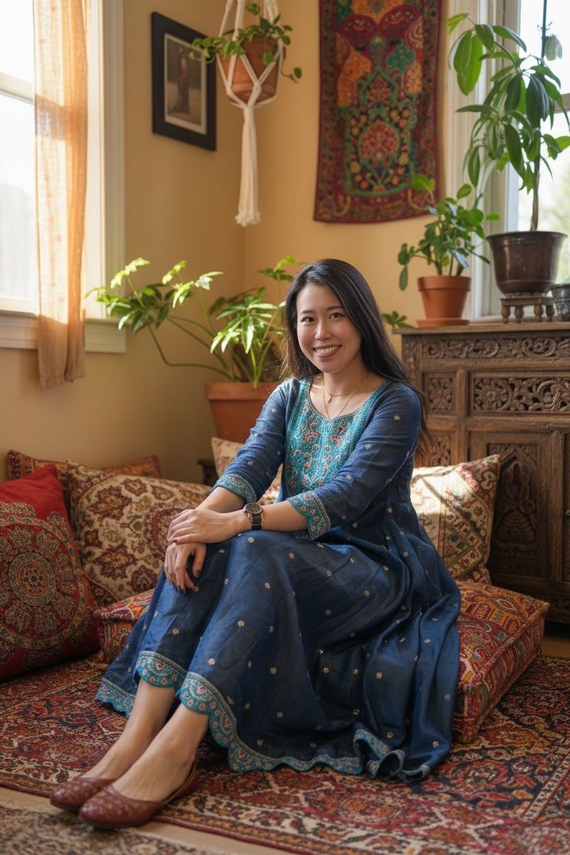 Navy Blue Emb.Silky Round Neck with wavy edge OP #1149