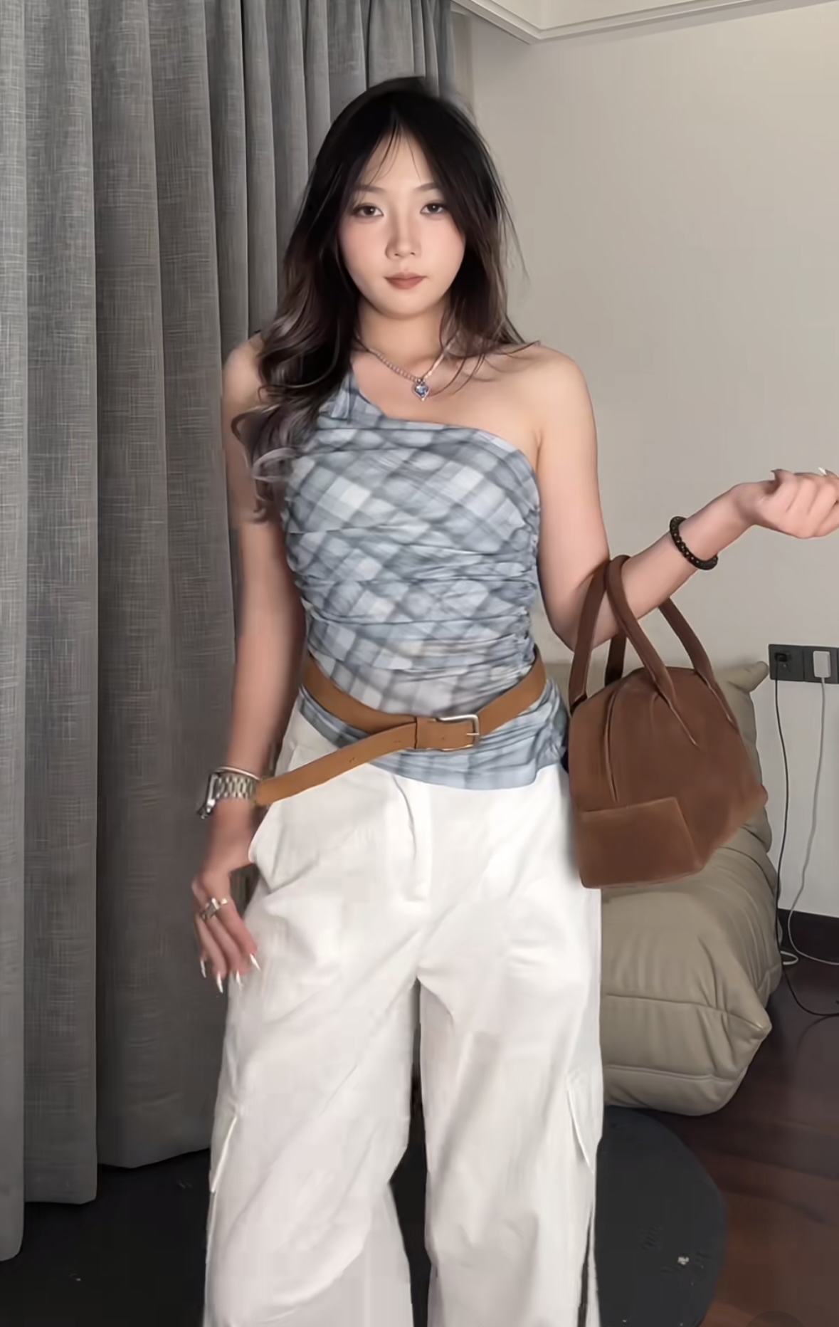 TP412蓝格斜肩上衣